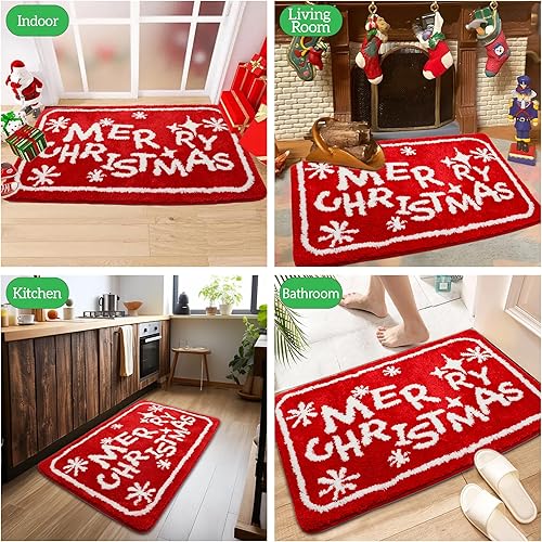 Miniatura 5 de Alfombra de baño de Navidad, alfombra de baño de Feliz Navidad, antideslizante, absorbente, lavable, alfombra de baño roja para pasillo, cocina,