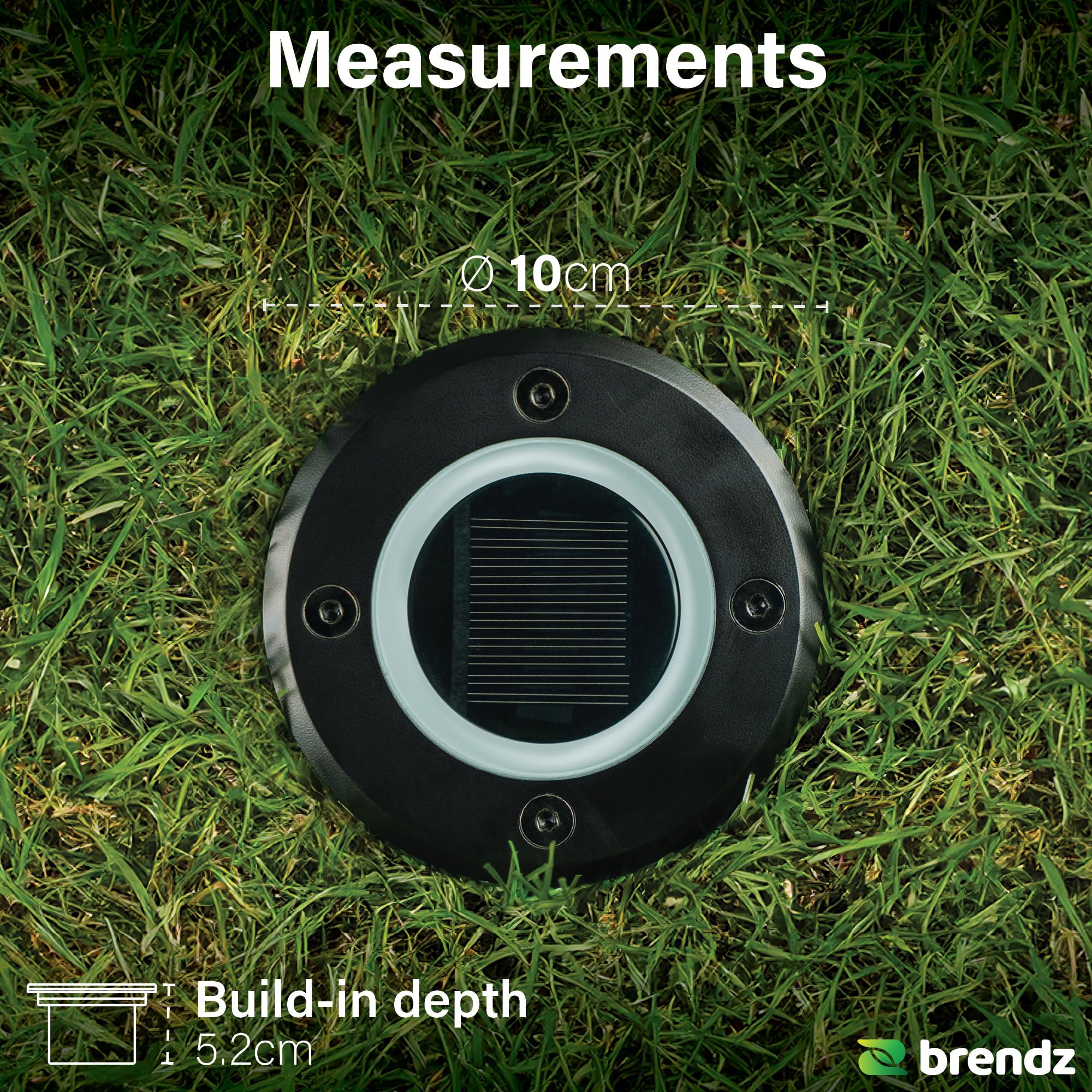 Brendz 4 Stück Solar Bodenleuchten Aussen, LED, 20 Lumen, IP67 Wasserdicht, 3000K Warmweißes Licht, Lithium-Polymer-Akku, Solar Gartenleuchten, Bodenstrahler Außen, Schwarz, Doha