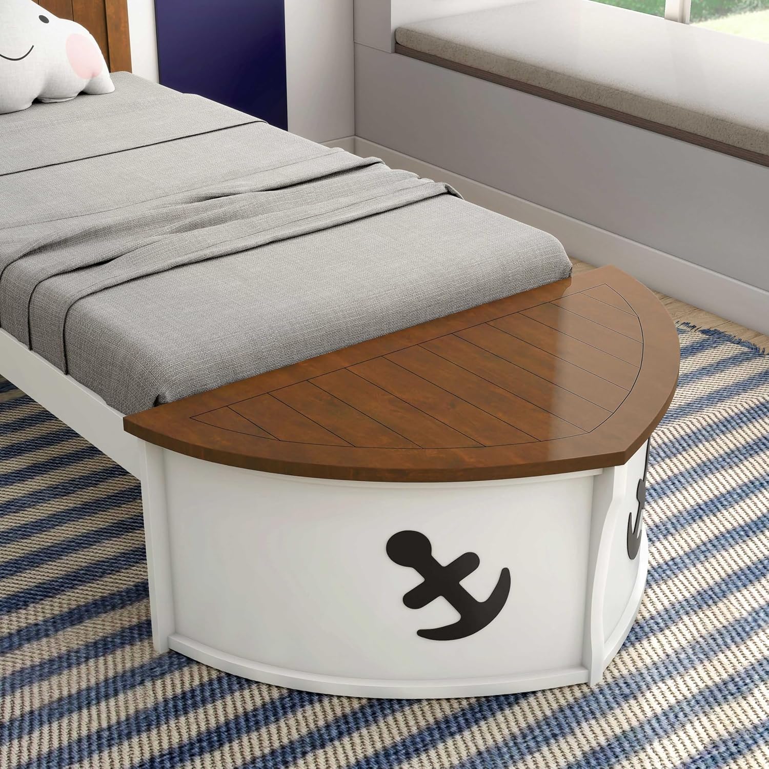 Furniture of America Kirsen Novelty Solid Wood Twin Captain Platform Bed with Boat-Like Design, Footboard Storage, Mattress Ready for Bedroom, Guest Room, White and Oak
