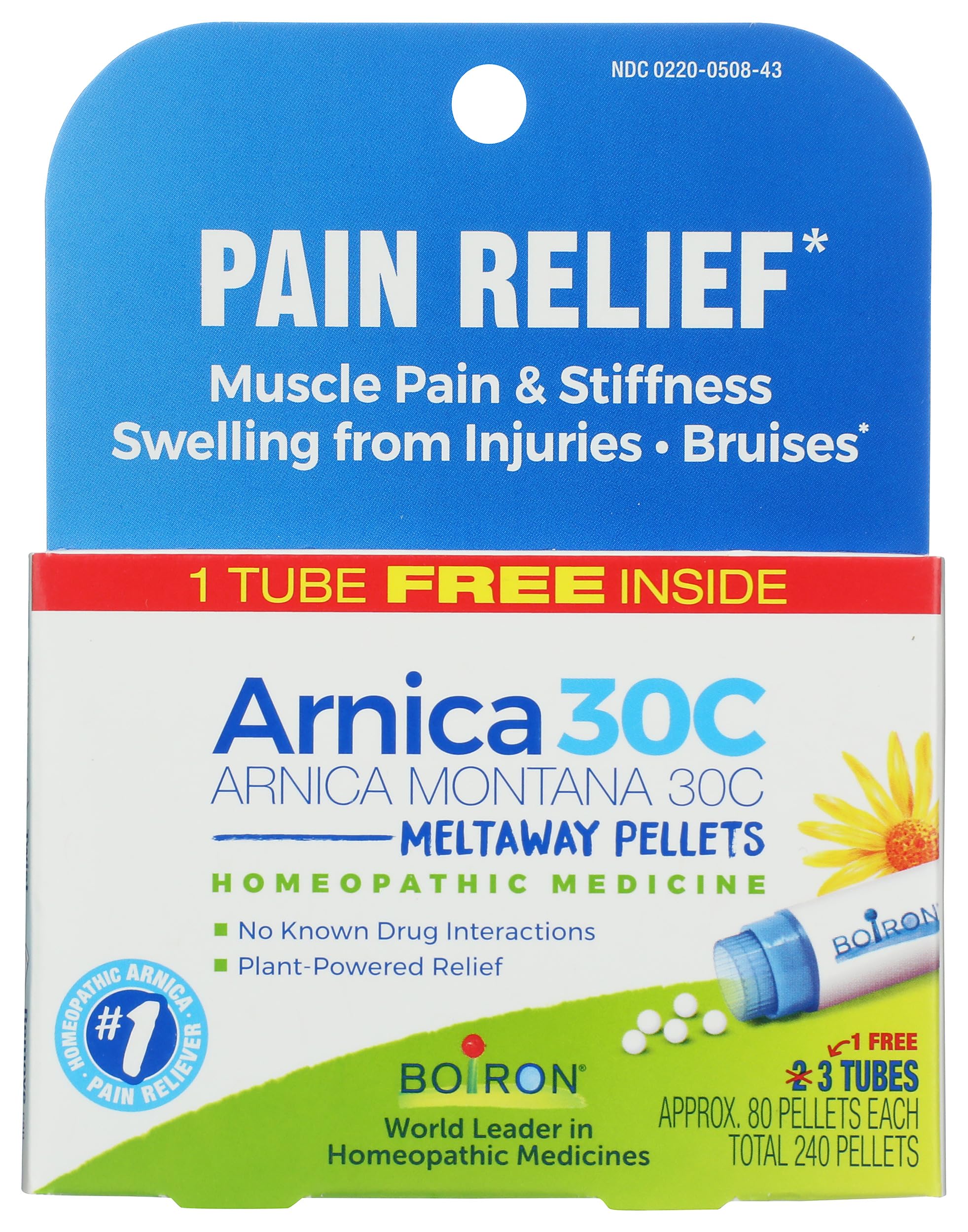 Boiron Arnica Montana 30C Homeopathic Medicine for Relief from Muscle Pain, Muscle Stiffness, Swelling from Injury, and Discoloration from Bruises - 3 Count (240 Pellets)