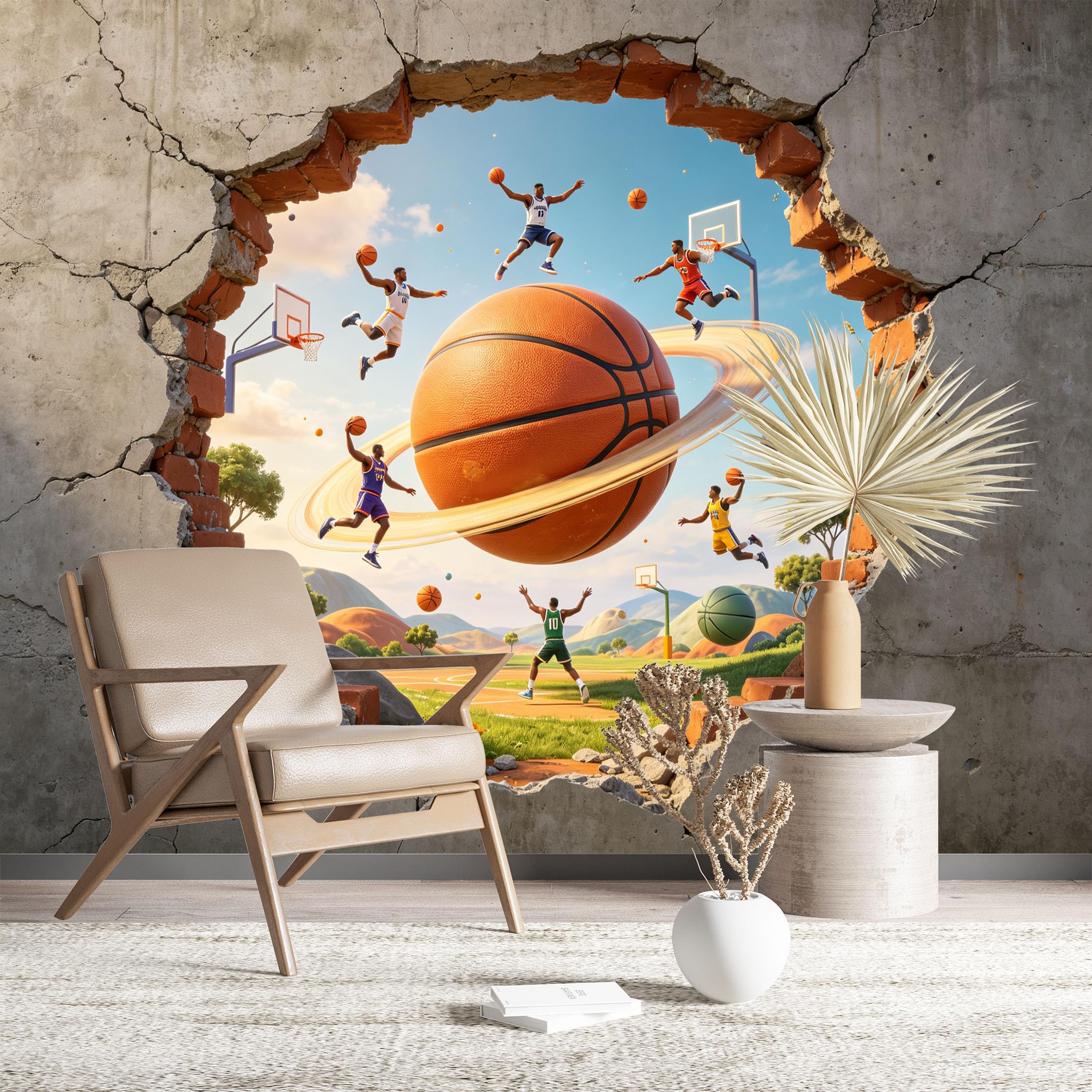 Custom Size Wall Murals Basketball Galaxy Scene Through Cracked Wall Realistic Self-Adhesive Wall Fabric (NO PVC) Removable Wallpaper for Game Room Gym