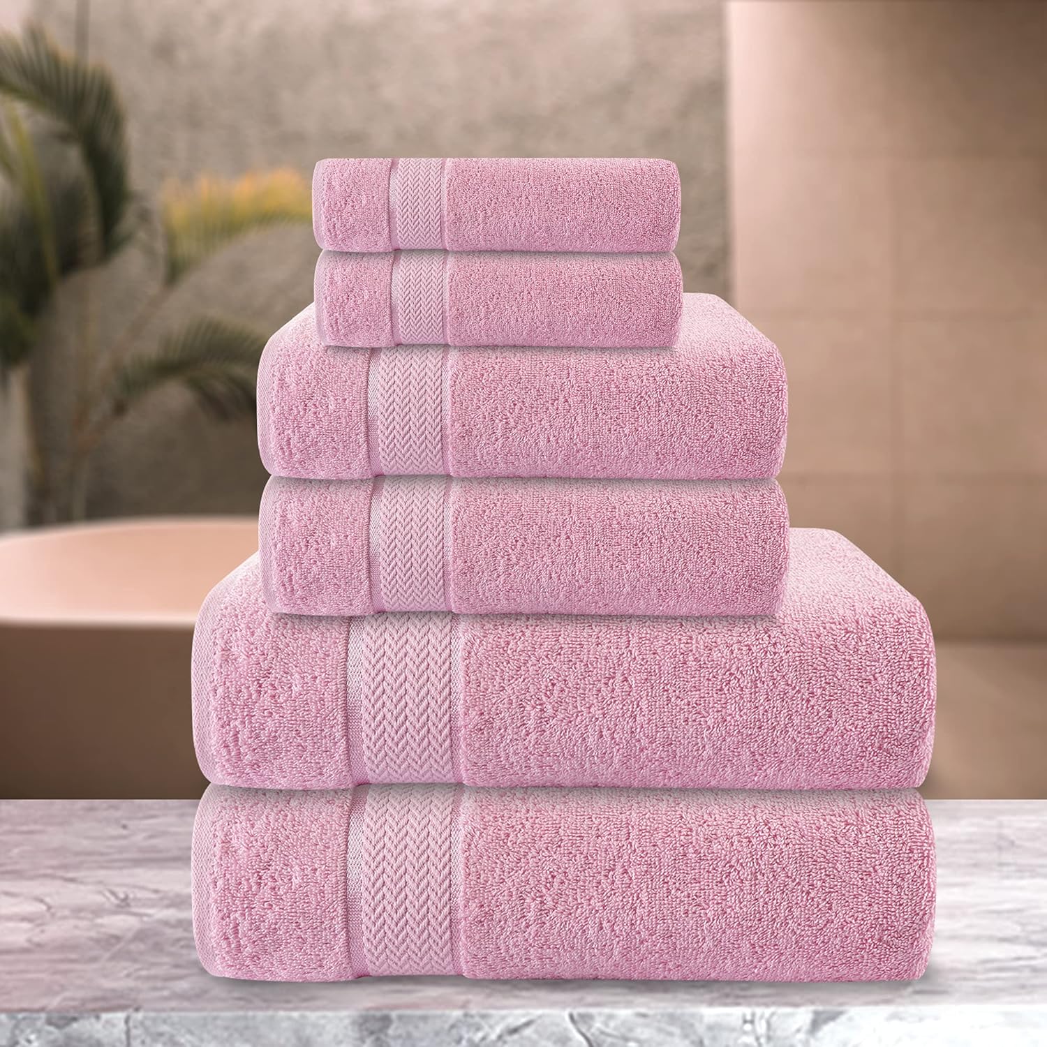 Luxury Cotton Bath Towel Set - 6 Piece - Pink - 100% Cotton - Quick Dry, Absorbent, Plush, Soft - Home, Hotel, Pool, Shower Towels - Image 3