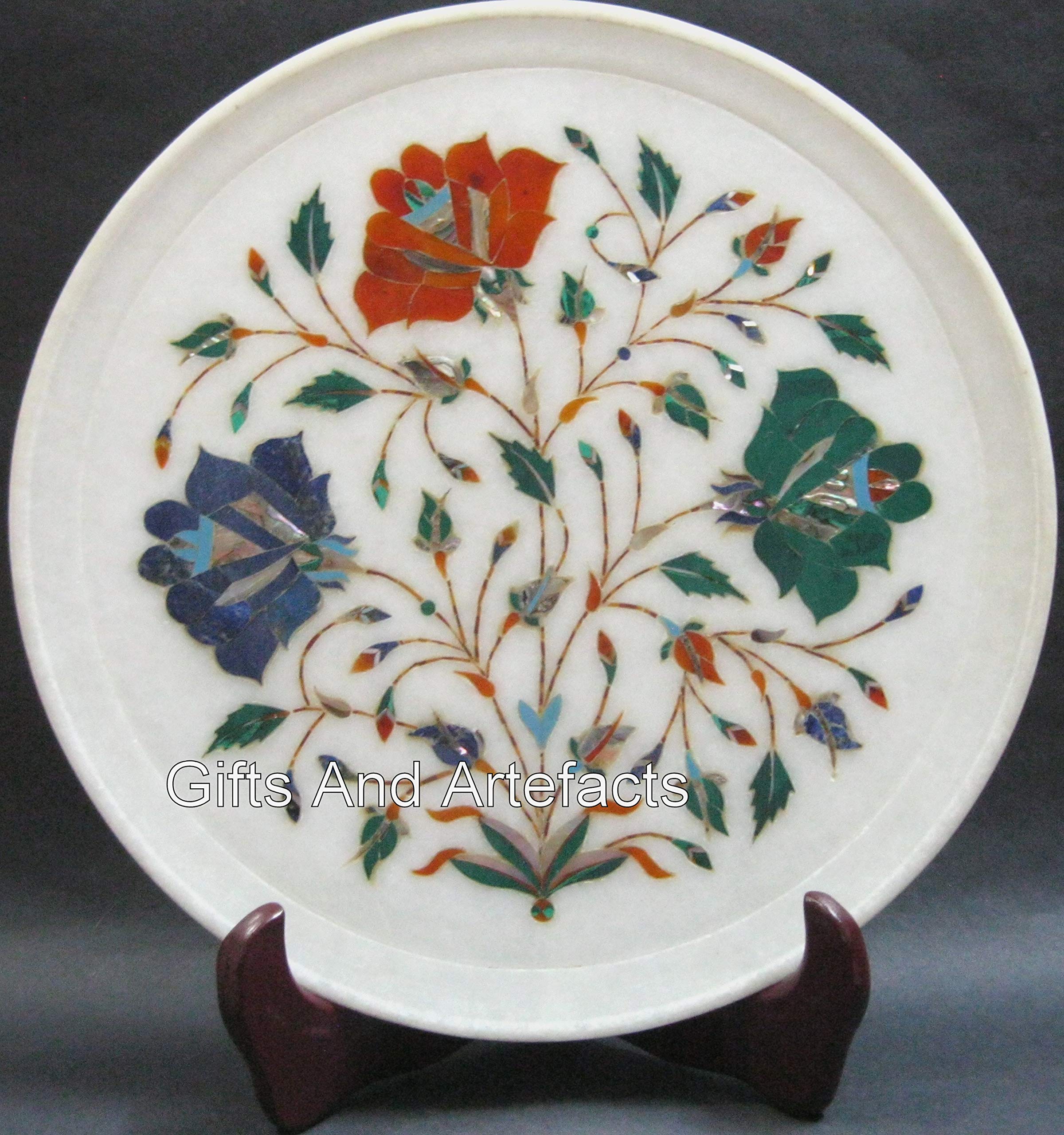 Plato de mármol multicolor de 12 pulgadas tallado a mano con diseño floral de lujo para hotel