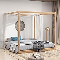 Vista 4 de Harper & Bright Designs Cama King con dosel de madera con 4 paneles de póster, marco de cama de suelo, cama de plataforma tamaño King para niños