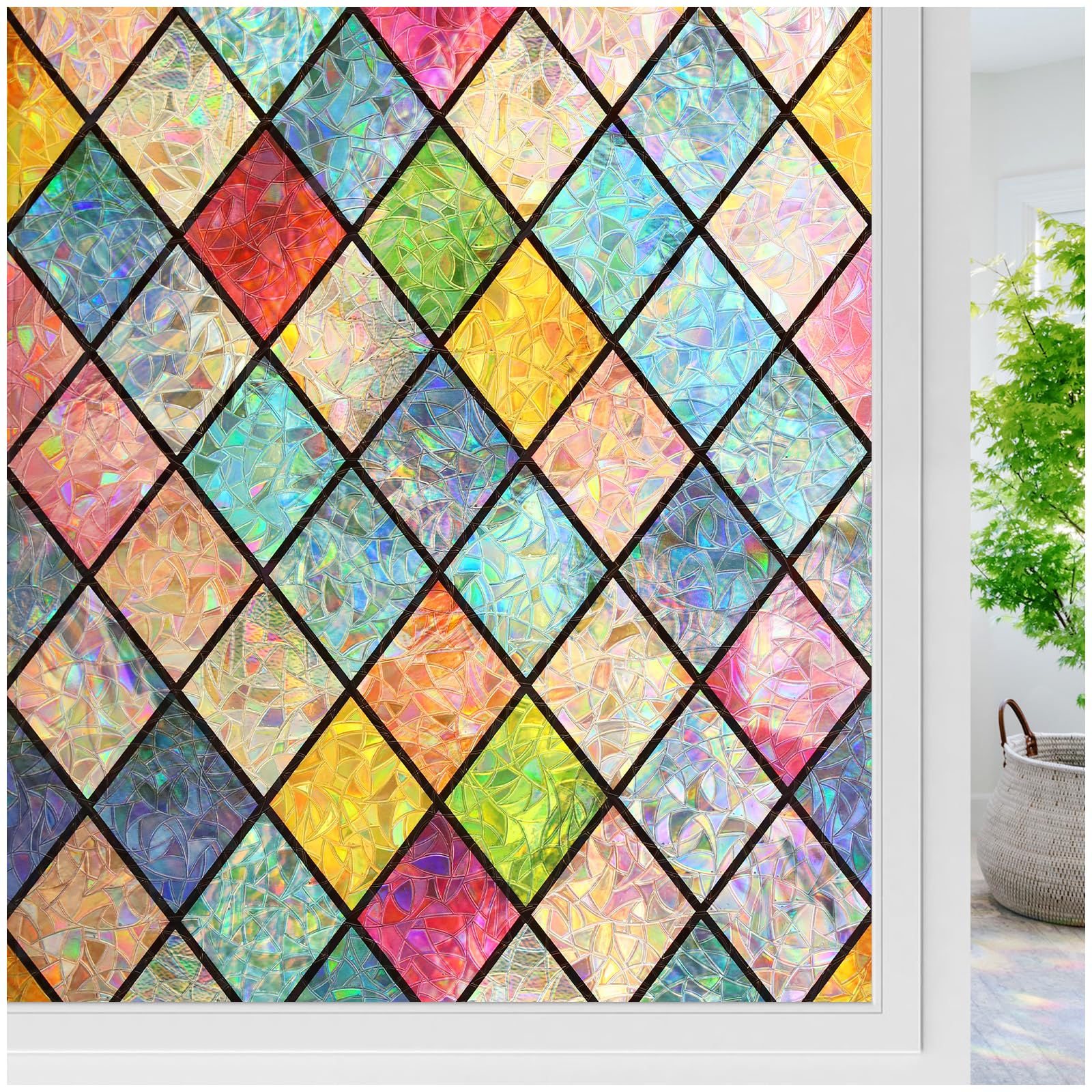 rabbitgoo Stained Glass Window Film Privacy Film for Glass Windows Static Cling Rainbow Stickers UV Glare Blocking