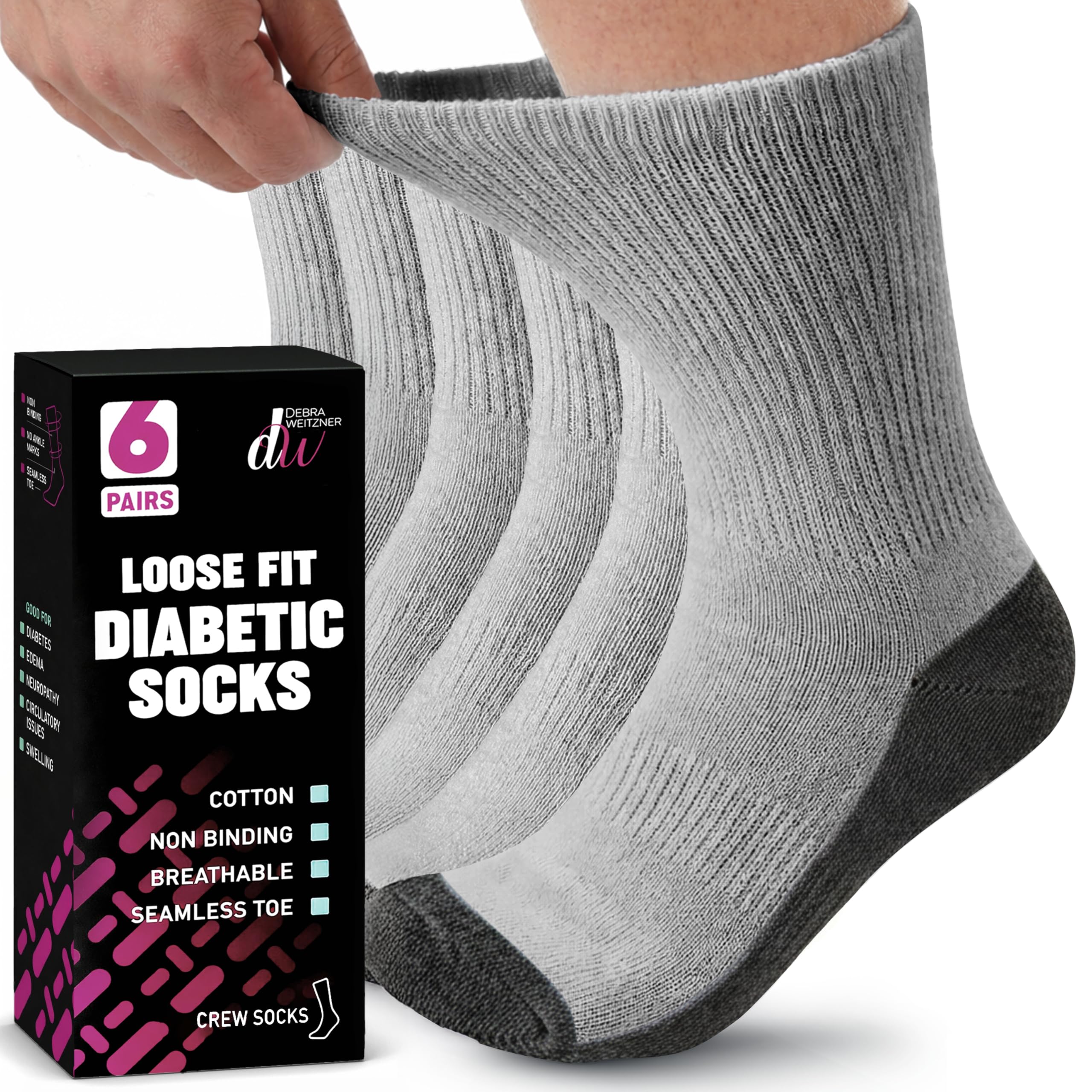 Debra Weitzner Diabetikersocken für Damen und Herren, lockere Passform, nicht bindend, Baumwolle, Crew-Socken, 6 Paar, 6 Paar, Grau/Schwarz, 9-11