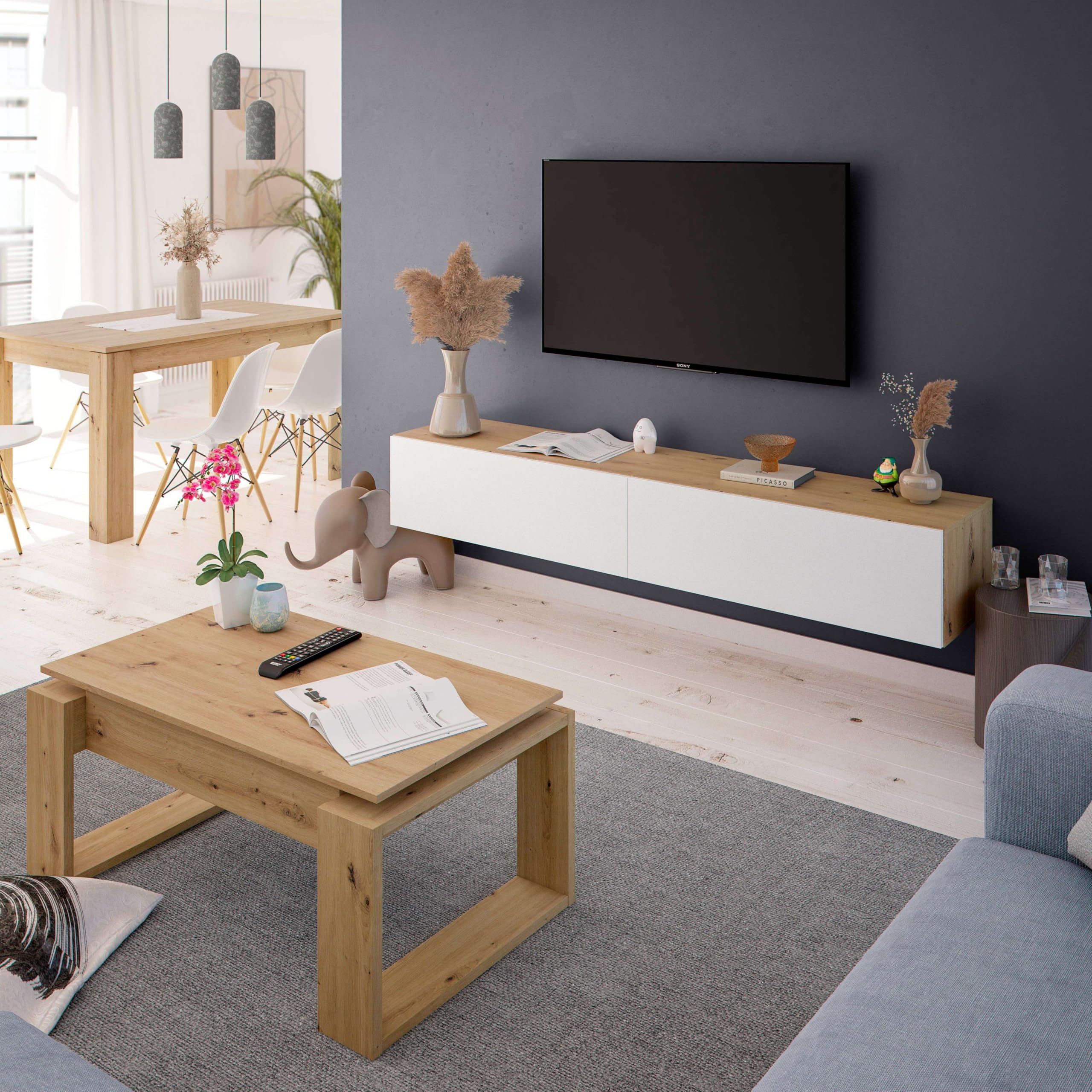 Habitdesign Muebles TV de Comedor Kaway Color Roble Nodi y Blanco Artik 35x180x28 cm