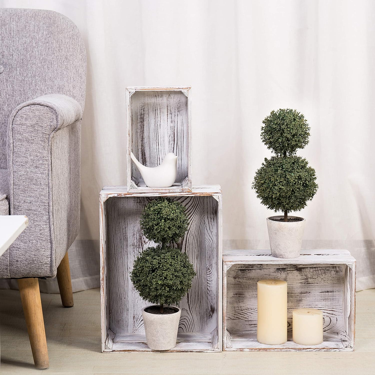 MyGift Artificial Boxwood Topiary Trees in Gray Paper Pulp Pots, Set of 2 -