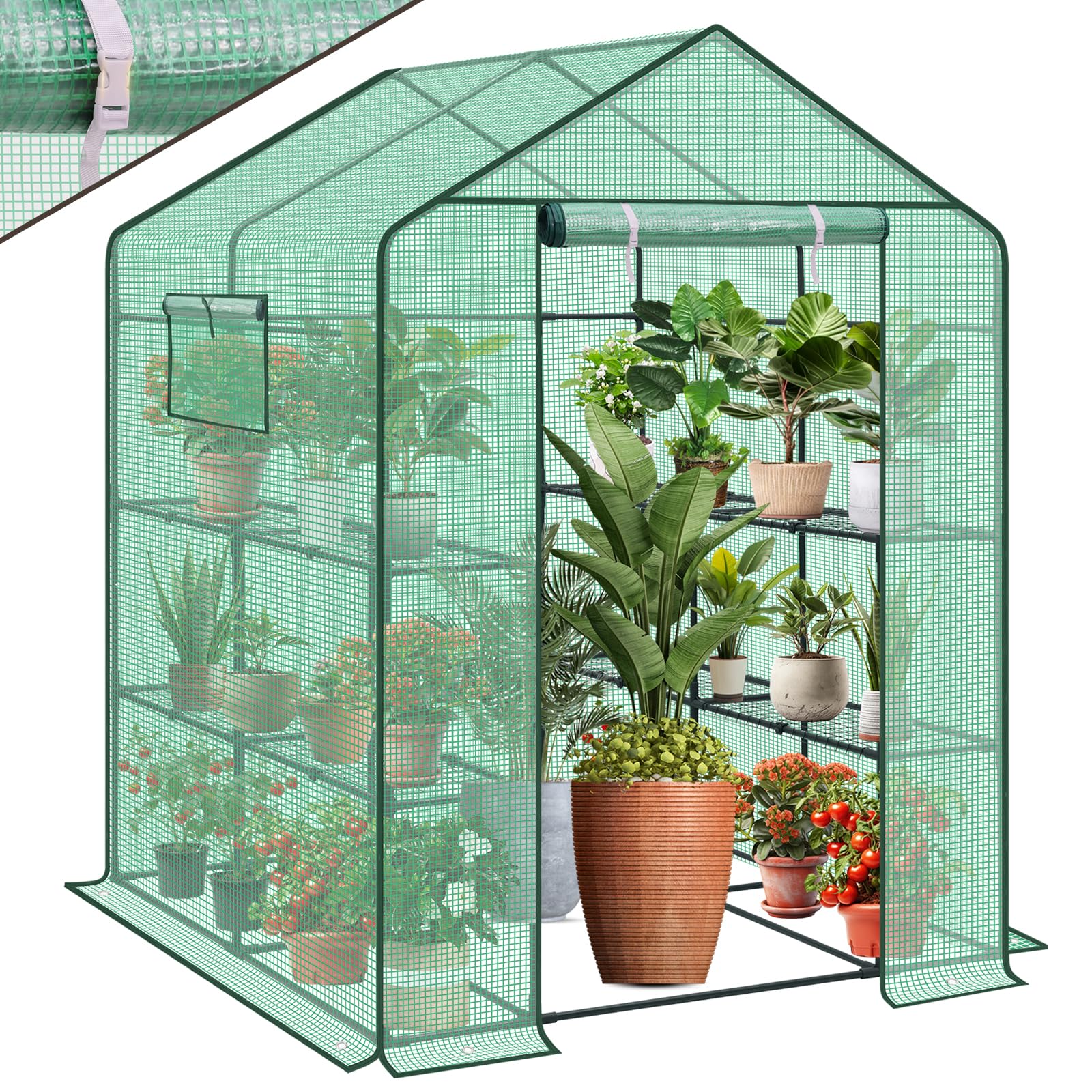 Sekey Gewächshaus 200x145x145 cm, Foliengewächshaus Stabil, Gewächshaus Balkon mit 10 Regalböden für optimales Pflanzenwachstum, Pflanzengrün, XXL