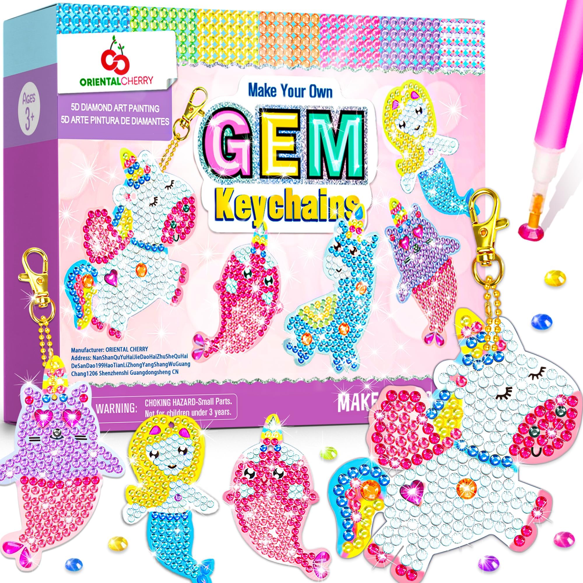 ORIENTAL CHERRY Arts and Crafts for Kids Ages 8-12 - Make Your Own GEM Keychains - 5D Diamond Painting by Numbers Art Kits Gifts for Girls Kids Toddler Ages 3-5 4-6 6-8