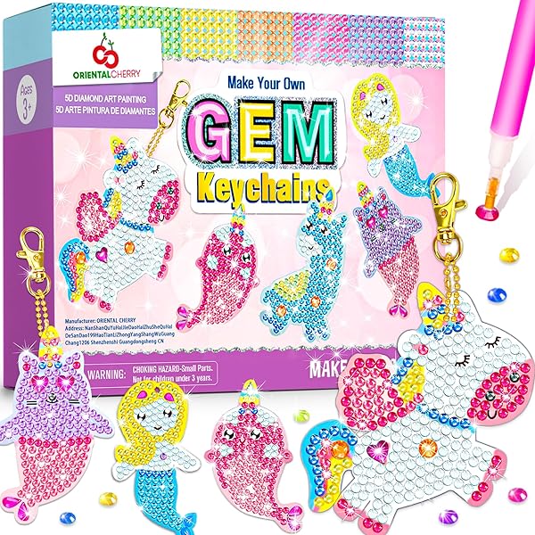 Arts and Crafts for Kids Ages 8-12 - Make Your Own GEM Keychains - 5D Diamond Art Painting by Numbers Kits Girls Kids Ages 3-5 4-6 6-8 Toys Birthday Easter Basket Stuffers Christmas Stocking Gifts