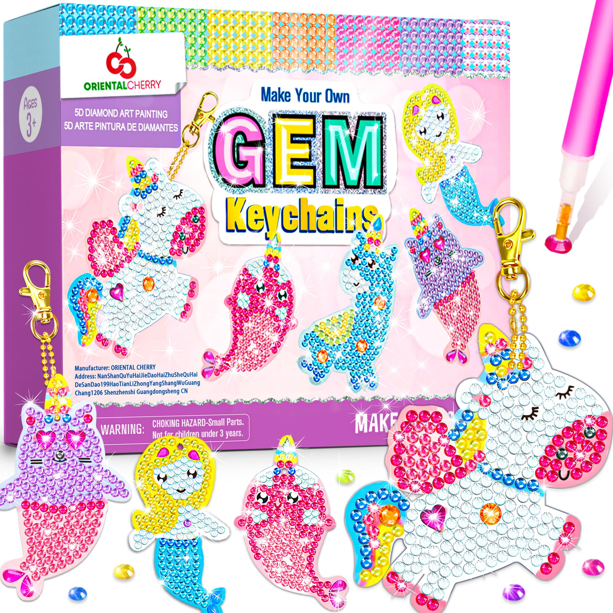 ORIENTAL CHERRY Arts and Crafts for Kids Ages 8-12 - Make Your Own GEM Keychains - 5D Diamond Painting by Numbers Art Kits for Girls Kids Toddler Ages 3-5 4-6 6-8