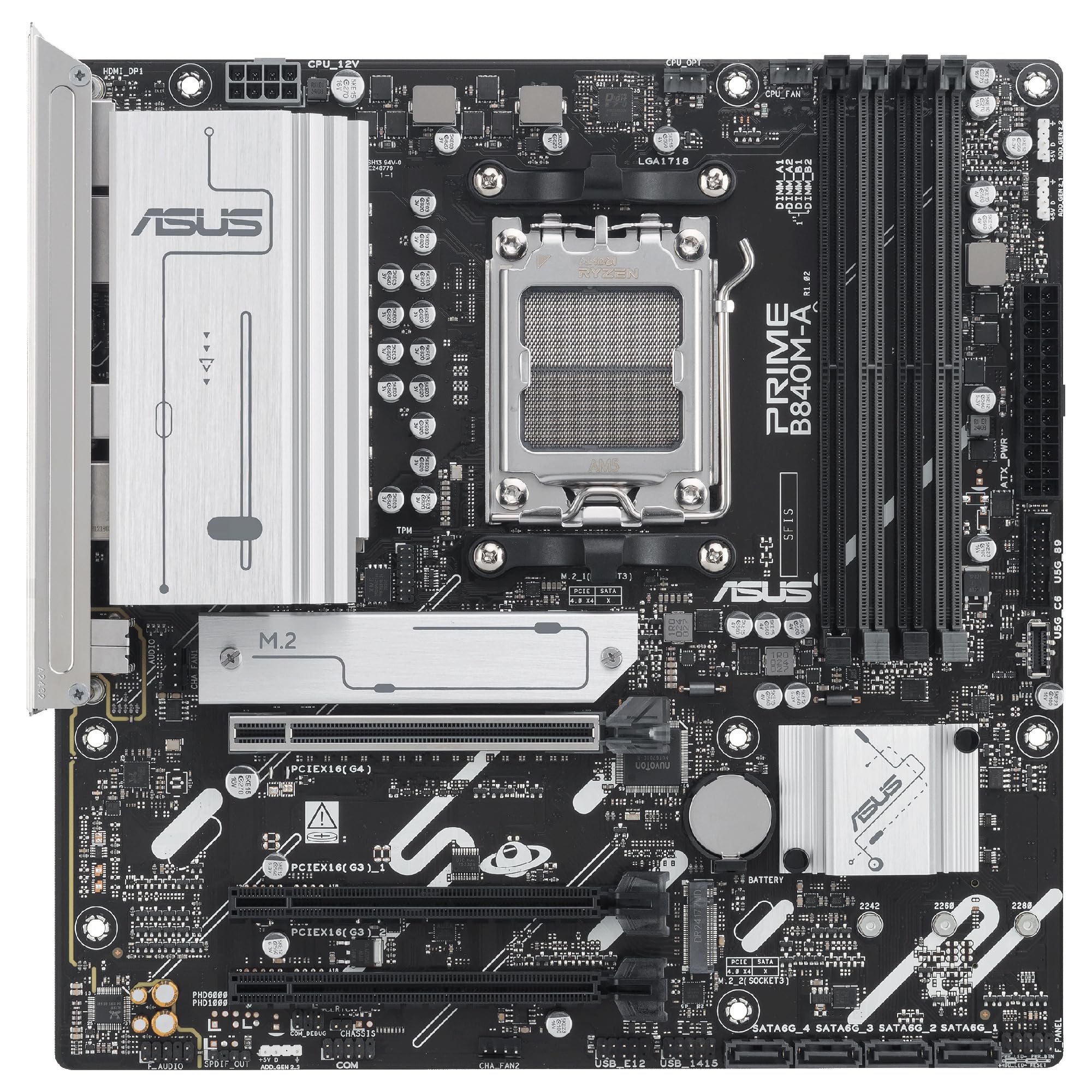 ASUS Prime B840M-A-CSM - Placa Base AMD B840 mATX, DDR5, PCIe 4.0, Tres Ranuras M.2, Realtek 2.5Gb Ethernet, DisplayPort, HDMI, USB Tipo-C a 5Gbps, BIOS Flashback, Aura Sync