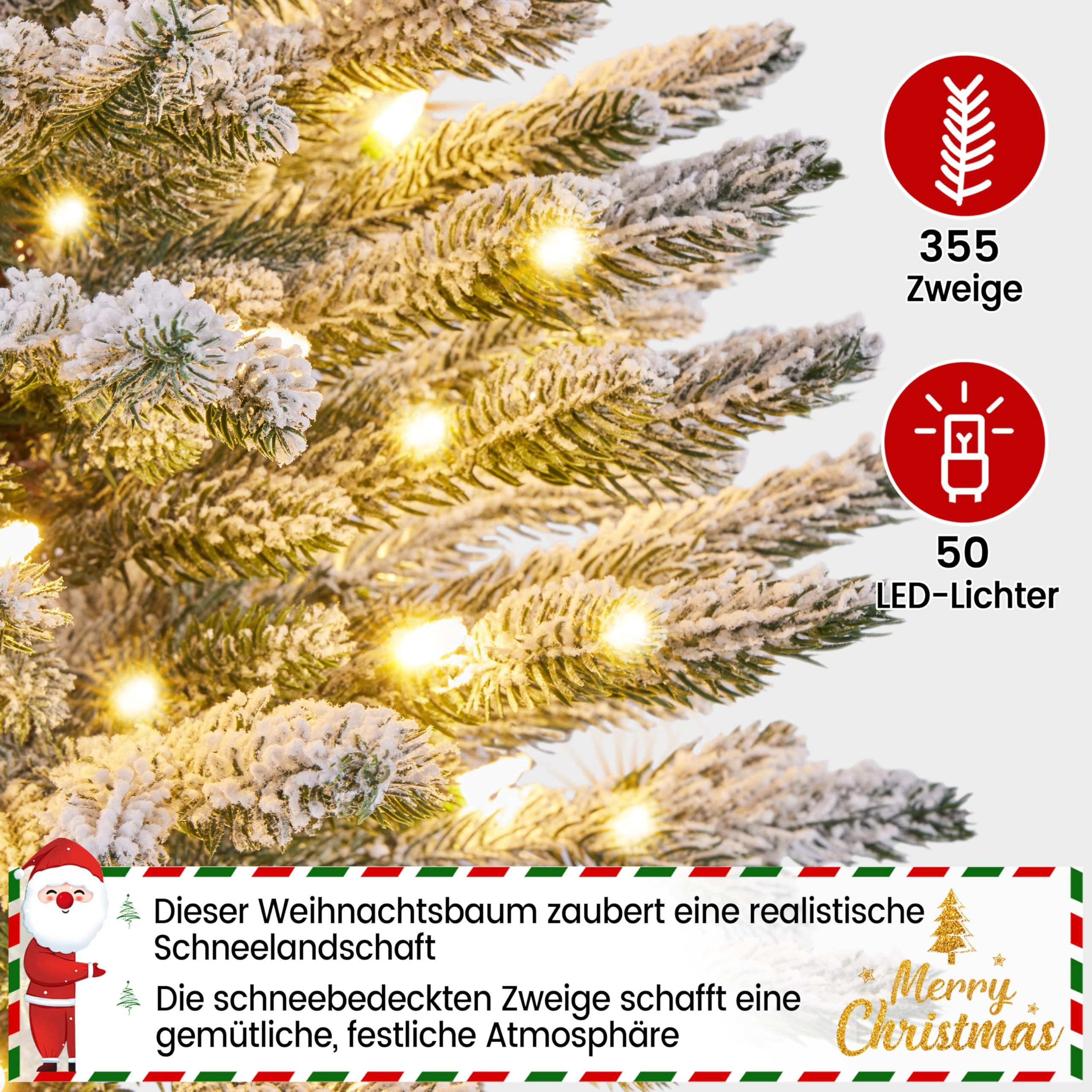 Yaheetech 92 cm Mini Künstlicher Weihnachtsbaum mit Schnee, Eingetopfter Tannenbaum mit 50 LEDs in Warmweiß und 355 Spitzen, Schneebedeckter Beflockter Kleiner Christbaum