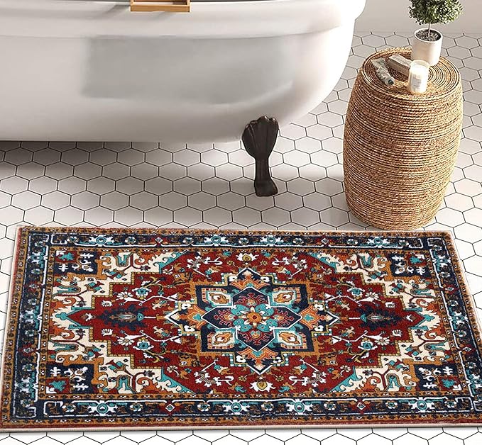 YoKii Southwest Persian Oriental Bathroom Rug Shaggy Soft Faux Wool Rubber Backing