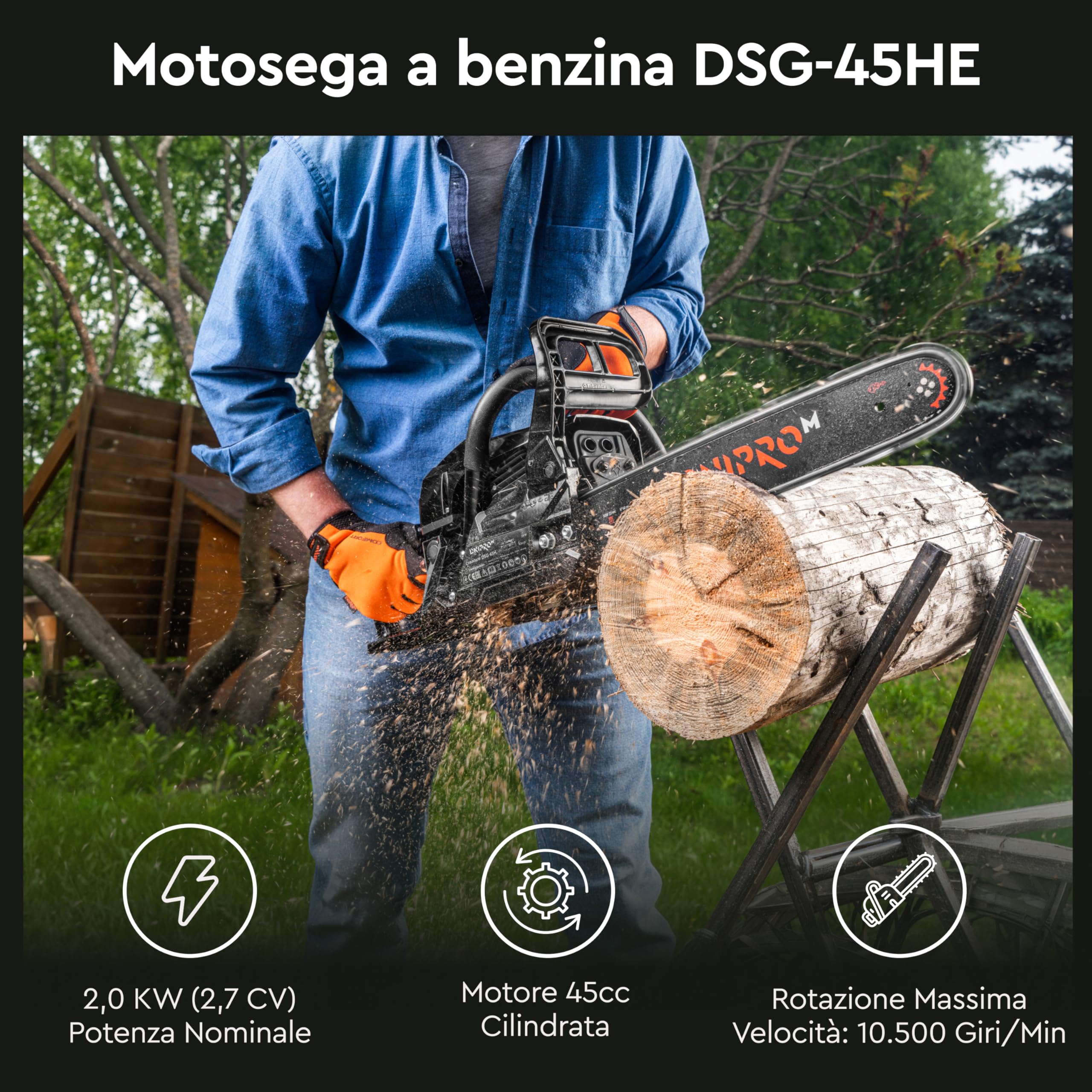 Motosega a Scoppio 45cc, Motore 2 Tempi 1.8 kW (2.4 HP), Barra Professionale 40cm (16"), Sistema Easy Start, Antivibrazione, Sega per Taglio Legna - DSG-45H