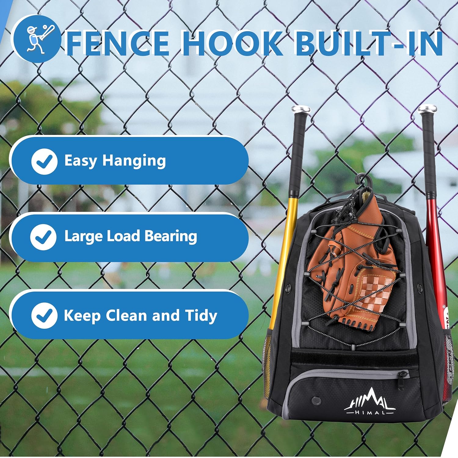 Himal Outdoors Baseball Bag - Bat Backpack for Baseball, T-Ball & Softball Equipment & Gear for Youth and Adults | Holds Bat, Helmet, Gloves and Cleats | Shoes Compartment & Fence Hook