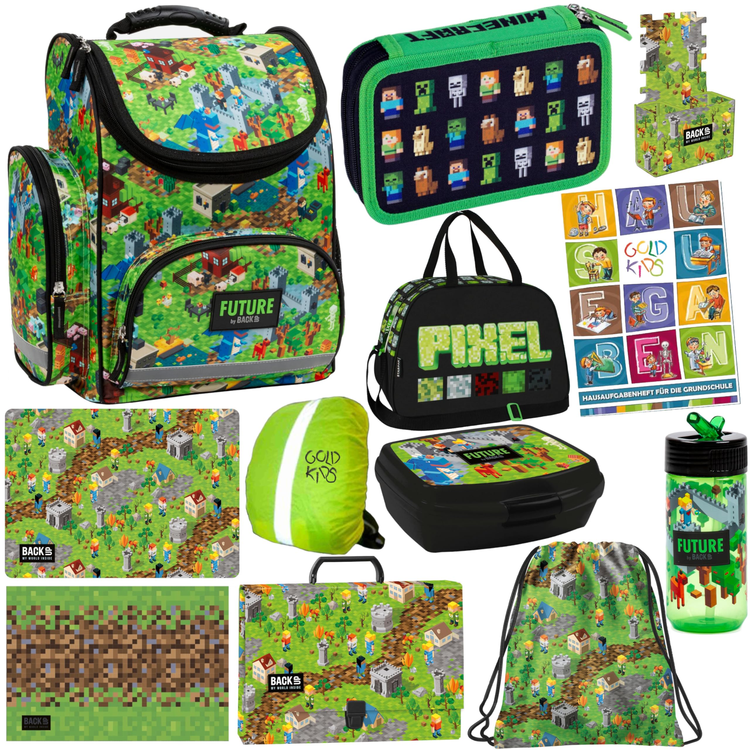 Goldkids- Schulranzen für Jungen und Mädchen - Schul-Rucksack für Kinder mit Federmäppchen - Schuhbeutel und Hausaufgabenheft - Minecraft Motiv - 1-3 Klasse