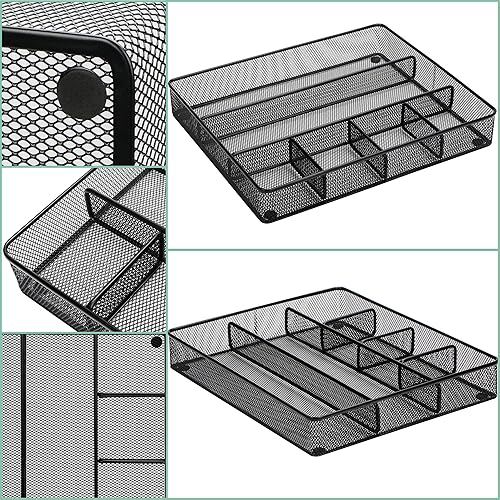 Miniatura 6 de Annova Bandeja organizadora de escritorio para organización de oficina, malla metálica, bandeja de almacenamiento con divisores para bolígrafos,