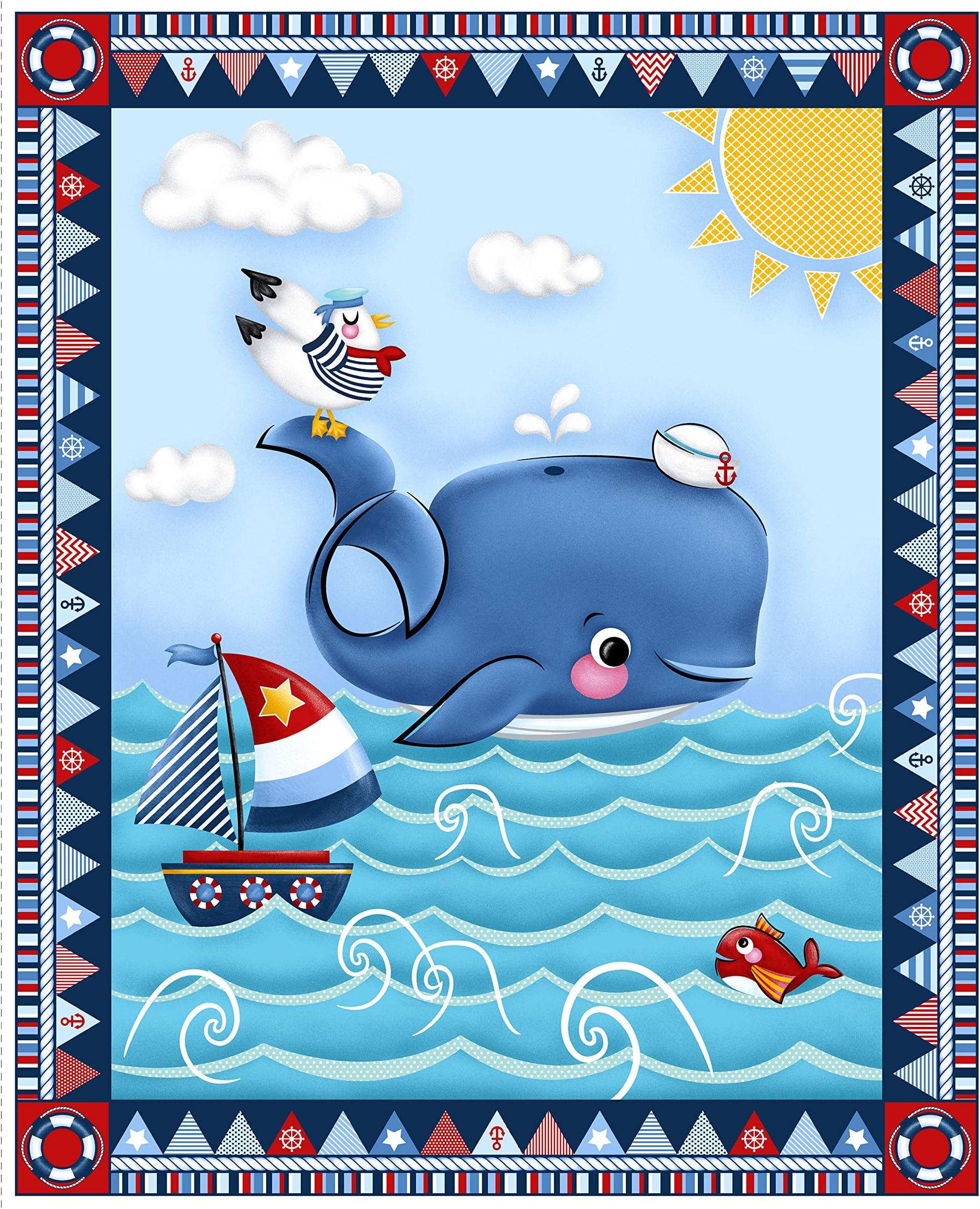 Studio E Fabrics A Whale Of A Time Nautical 36'' Panel Fabric, Navy