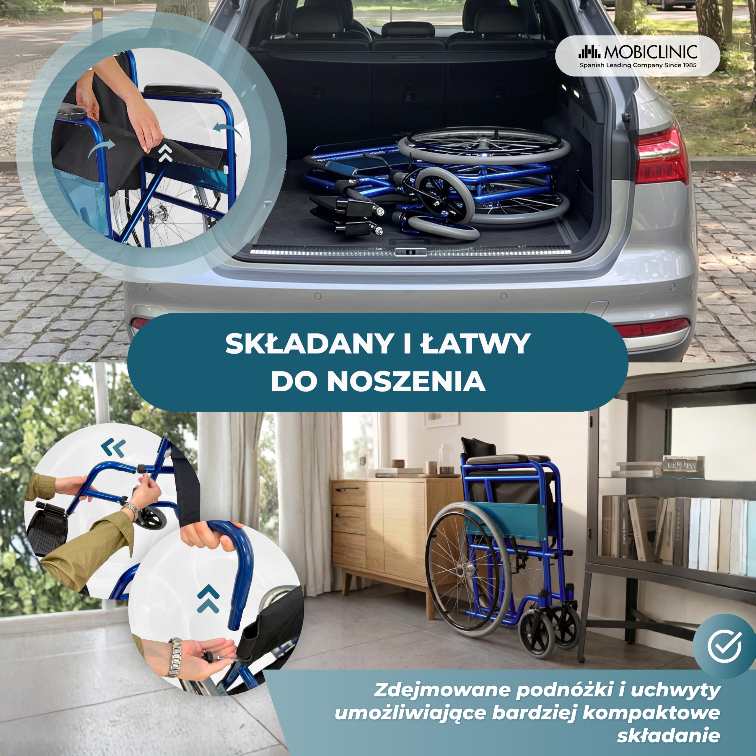 Mobiclinic, model Alcázar, wózek inwalidzki ortopedyczny, składany, kolor niebieski/czarny, siedzisko 46 cm
