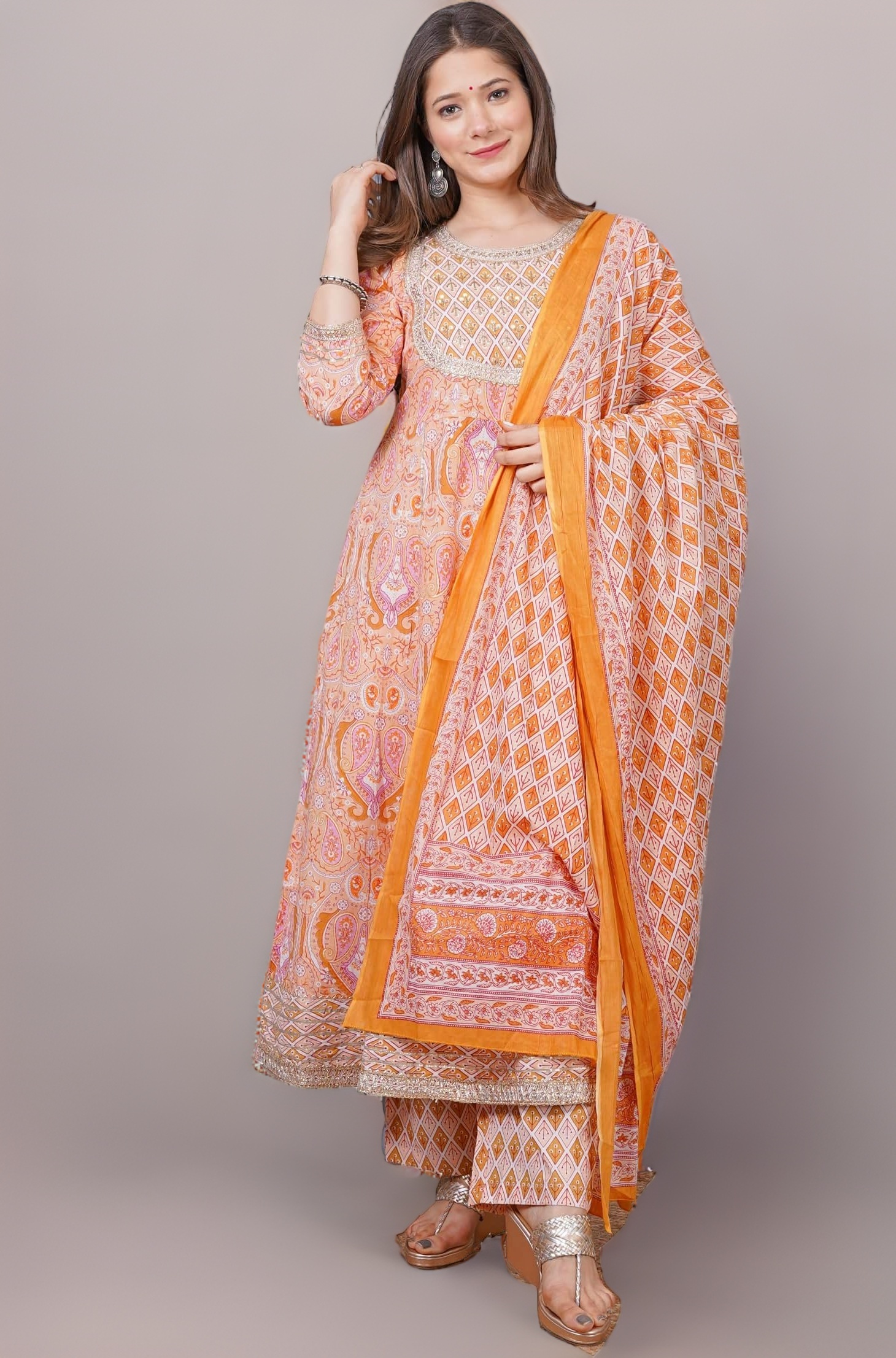 MEERA FAB Women's Cotton Printed Anarkali Kurta With Palazzo & Dupatta Set With Handwork