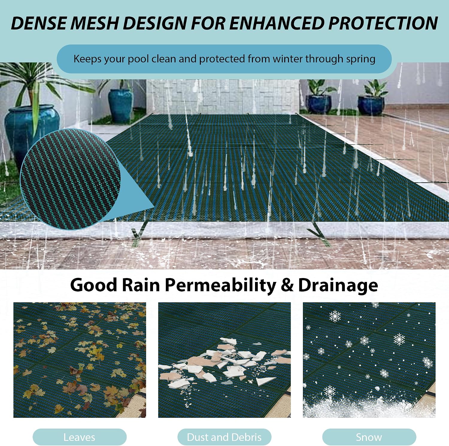 Inground Pool Safety Cover Fits 14x30ft Pools, Winter Pool Covers for Inground Pools, Swimming Pool Cover with Hardware Kit Included, Triple Stitched Mesh, Green