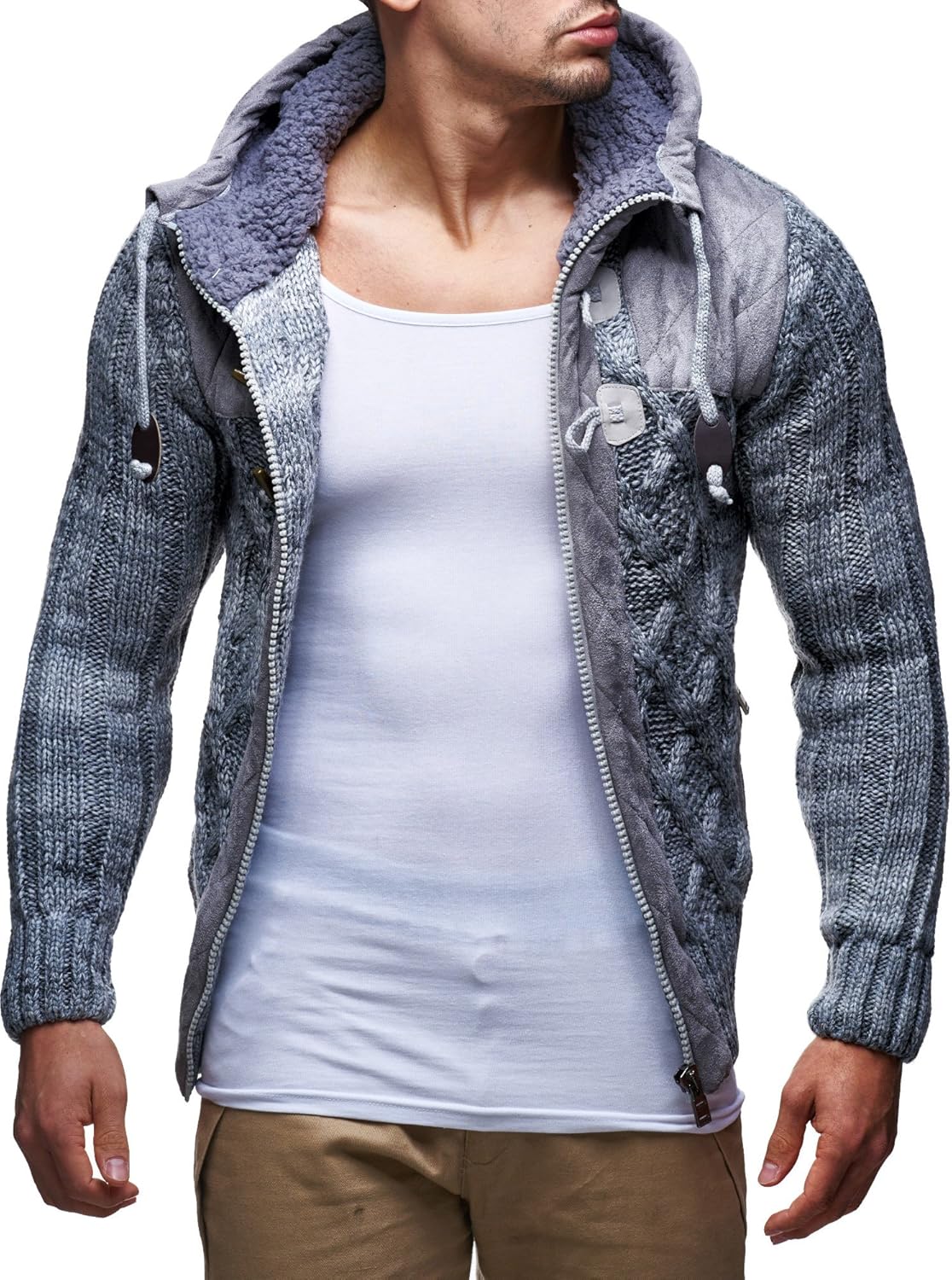 Leif Nelson LN20525 Men's Knit Zip-up Jacket With Geometric Patterns and Leather Accents - Image 3
