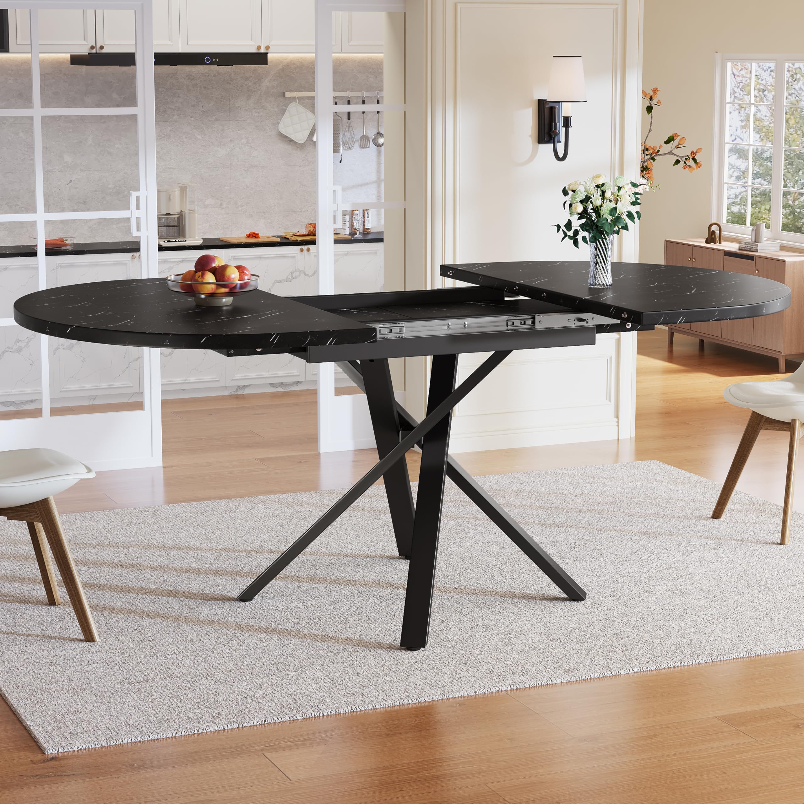 Tavolo allungabile rotondo con effetto marmo, 100 cm (allungabile a 140 cm) x 75,5 cm di altezza, con robusta struttura in metallo a X di colore nero, ideale come tavolo da cucina o tavolo