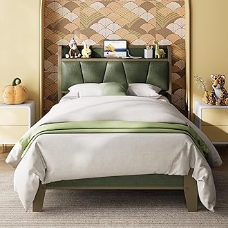 LIKIMIO Twin XL Bed Frame, Storage Headboard with Charging Station, Solid and Stable, Noise Free, No Box Spring Needed, Easy Assembly (Dark Green)