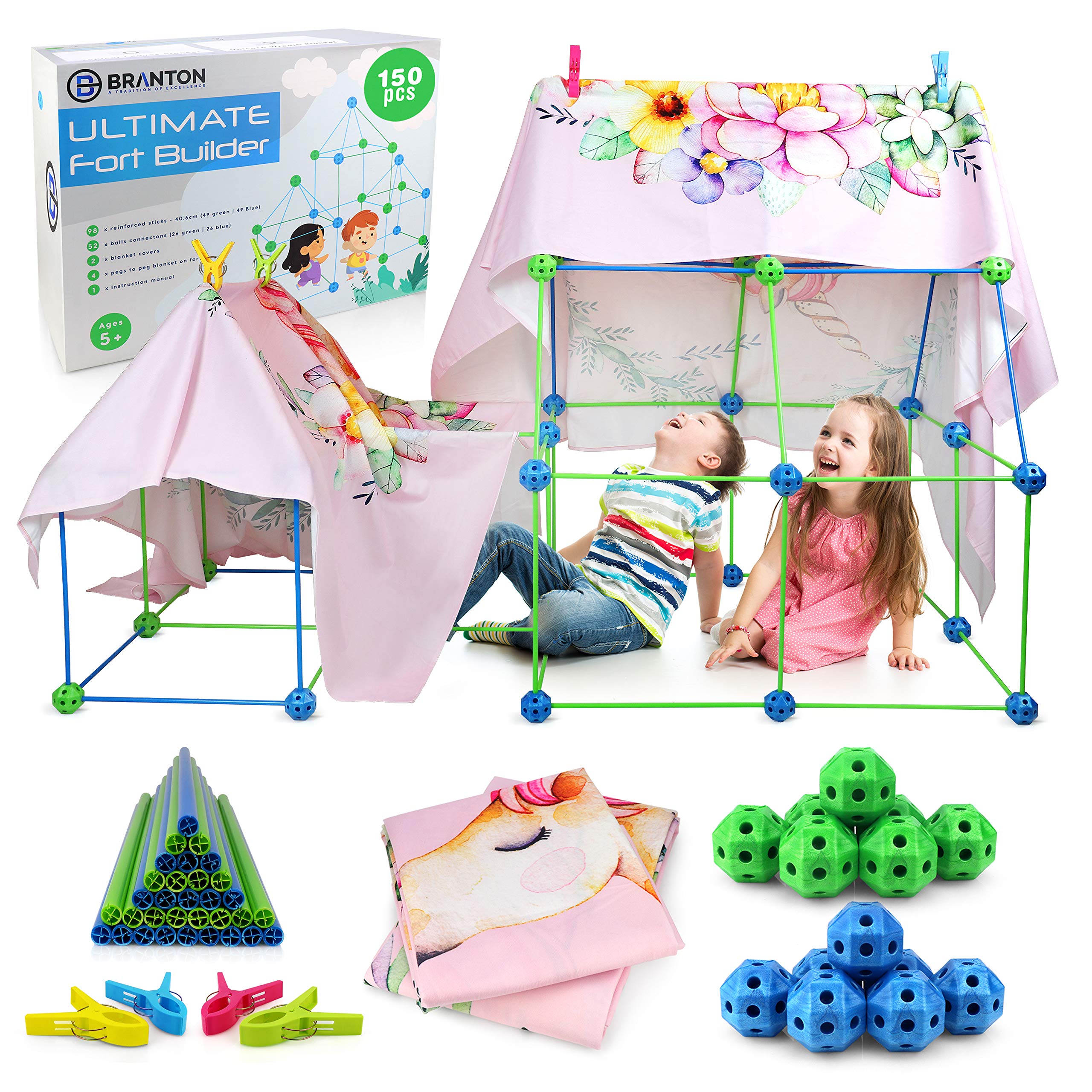 Fort Building Kit Creative Indoor Tent Builder Set for Kids 150-Piece  Build a Fort Kit for Kids in Blue and Green with Two Blankets, Giftable