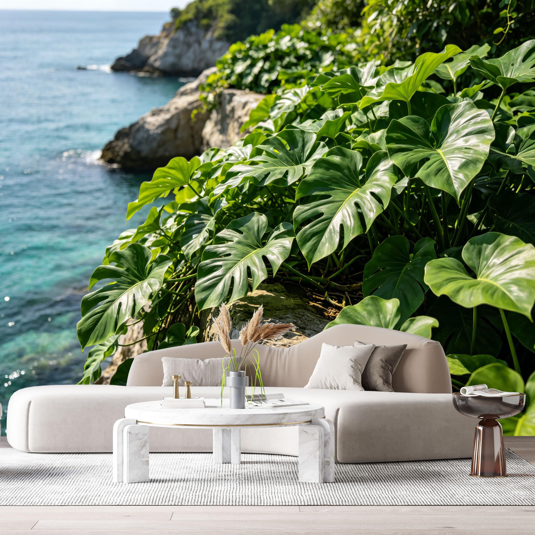 Custom Size Wall Murals Coastal Tropical Jungle Botanical Ocean Cliff Green Leaves SelfAdhesive Wall Fabric Removable Large Wallpaper for Photo Living Room