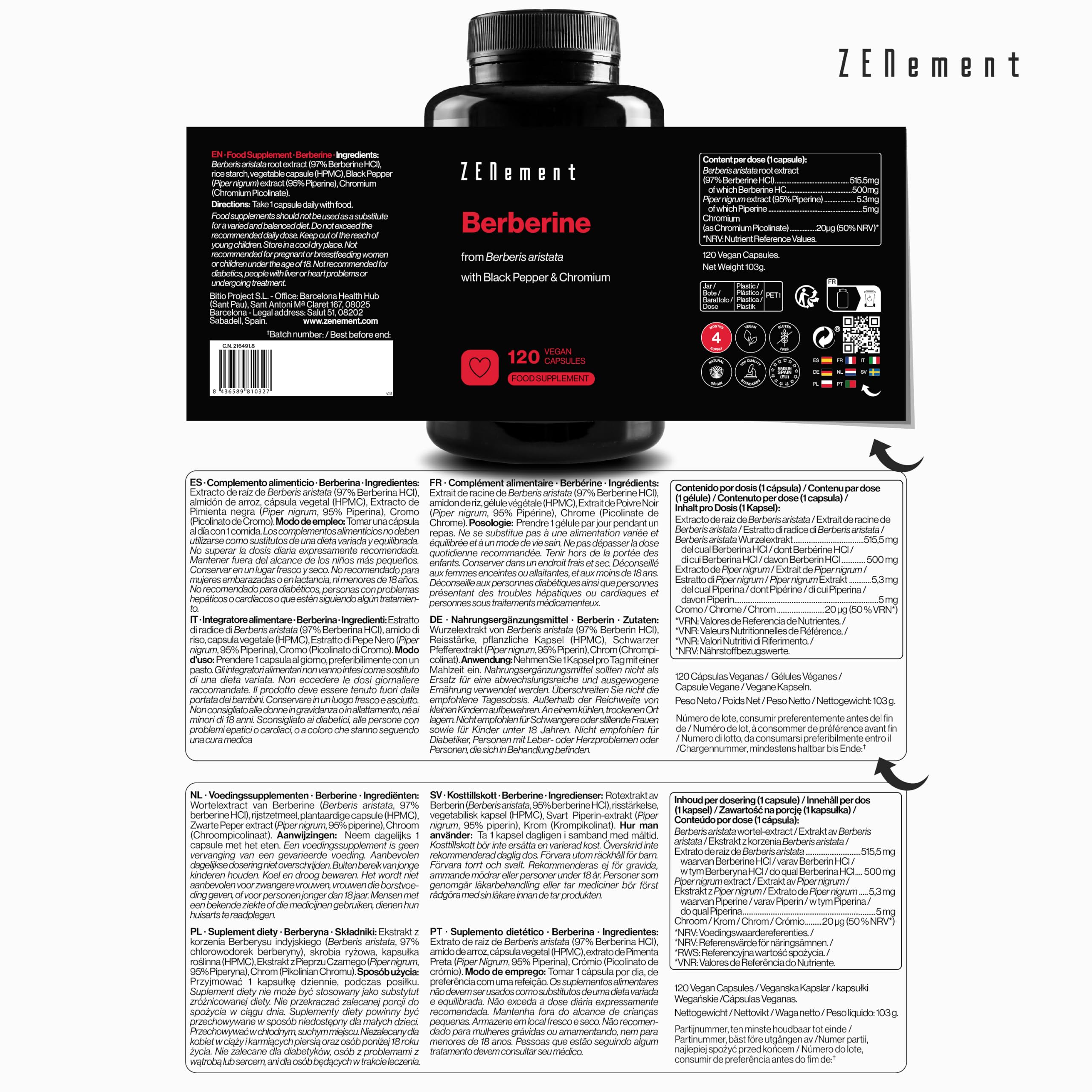 Berberin HCL Extrakt, 120 Vegan Kapseln Hochdosiert mit 500 mg | Mit Chrom und schwarzem Pfeffer, Der beste konzentrierte Extrakt aus Berberis Aristata | Zenement