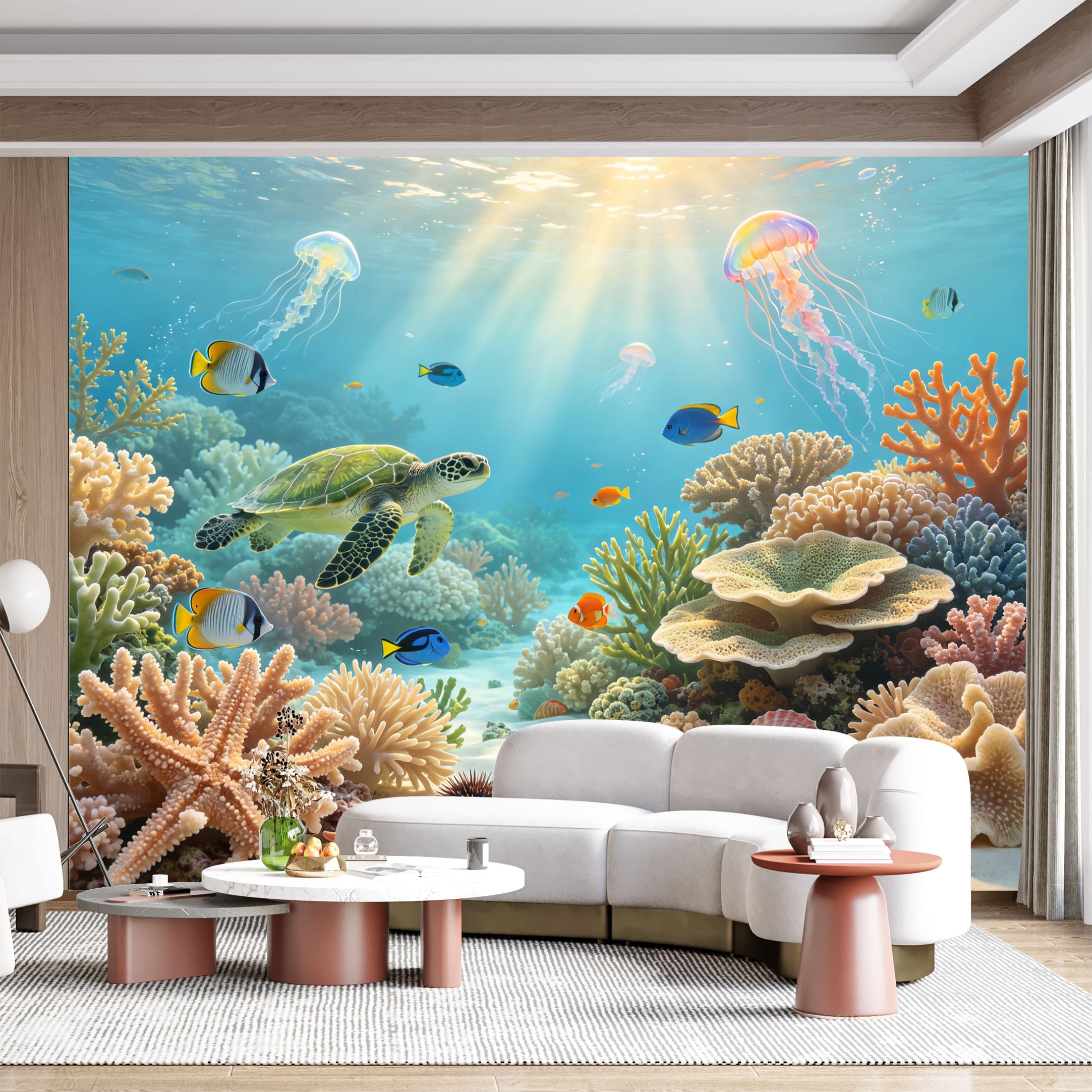 Custom Size Wall Mural Underwater Ocean Marine Life Sea Turtle Coral Reef Seascape Panoramic SelfAdhesive Wall Fabric Removable for Home Office Decor