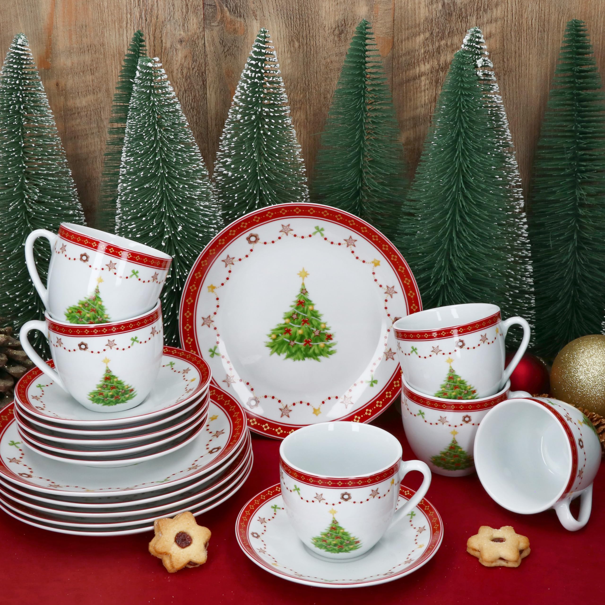 MamboCat Weihnachtstraum Service à café 18 pièces I Service à café en porcelaine pour 6 personnes avec décor de Noël I 6 tasses à café de 190 ml, soucoupes et assiettes à gâteau I Vaisselle pour Noël