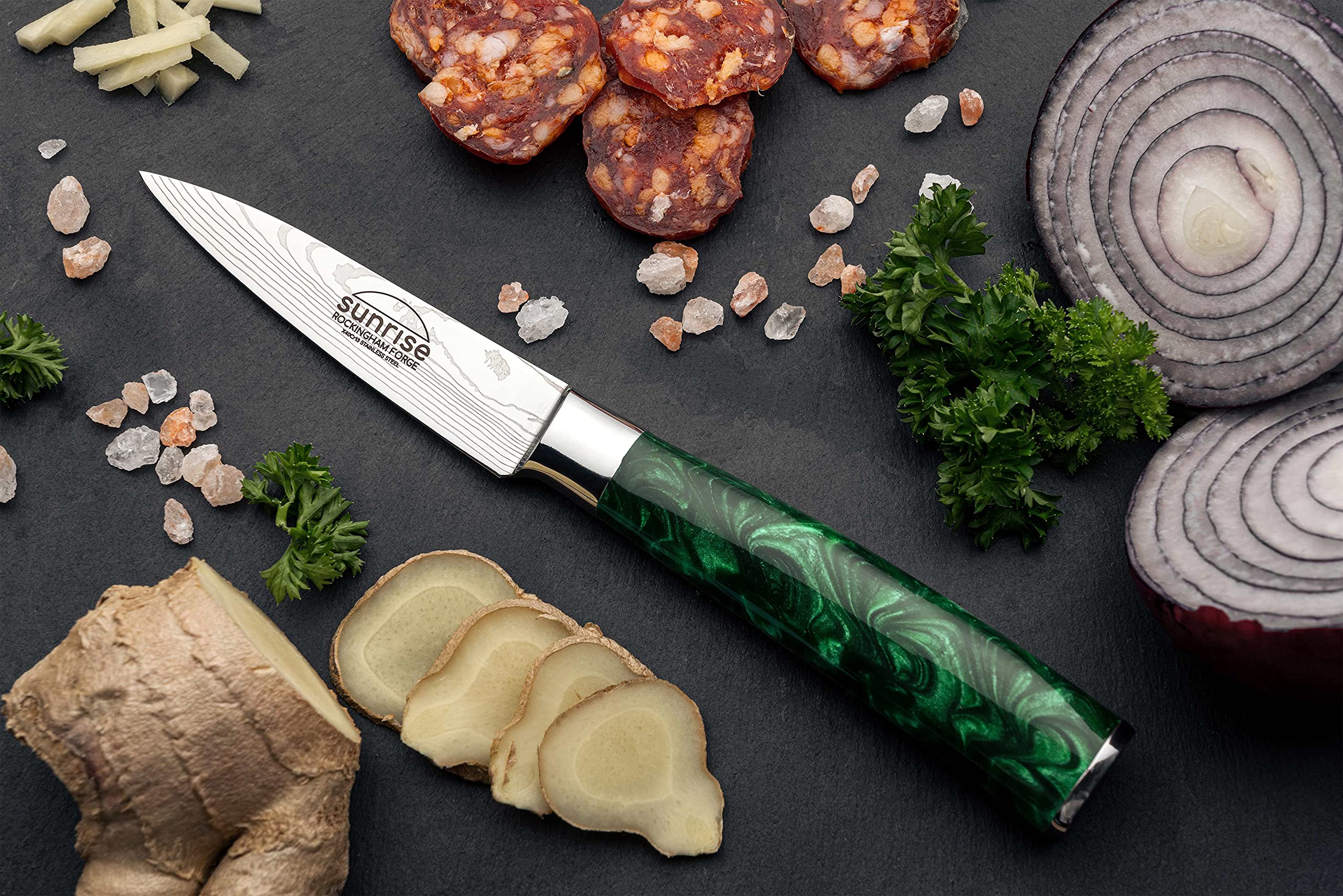 Rockingham Forge Juego de Cuchillos de Cocina de 7 Piezas, Serie Sunrise, Hoja de Acero Inoxidable con Mangos de Resina, Verde Esmeralda, RF-2160/7GN