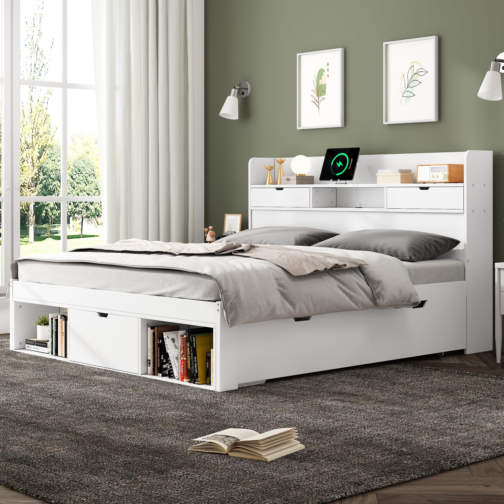 Rtopsu Rtopu Letto Matrimoniale in Legno 140x200 cm con Testiera USB, Letto con 3 Cassetti Contenitore e Portaoggetti, Struttura del Letto con Rete e Doghe, Bianco, Senza Materasso