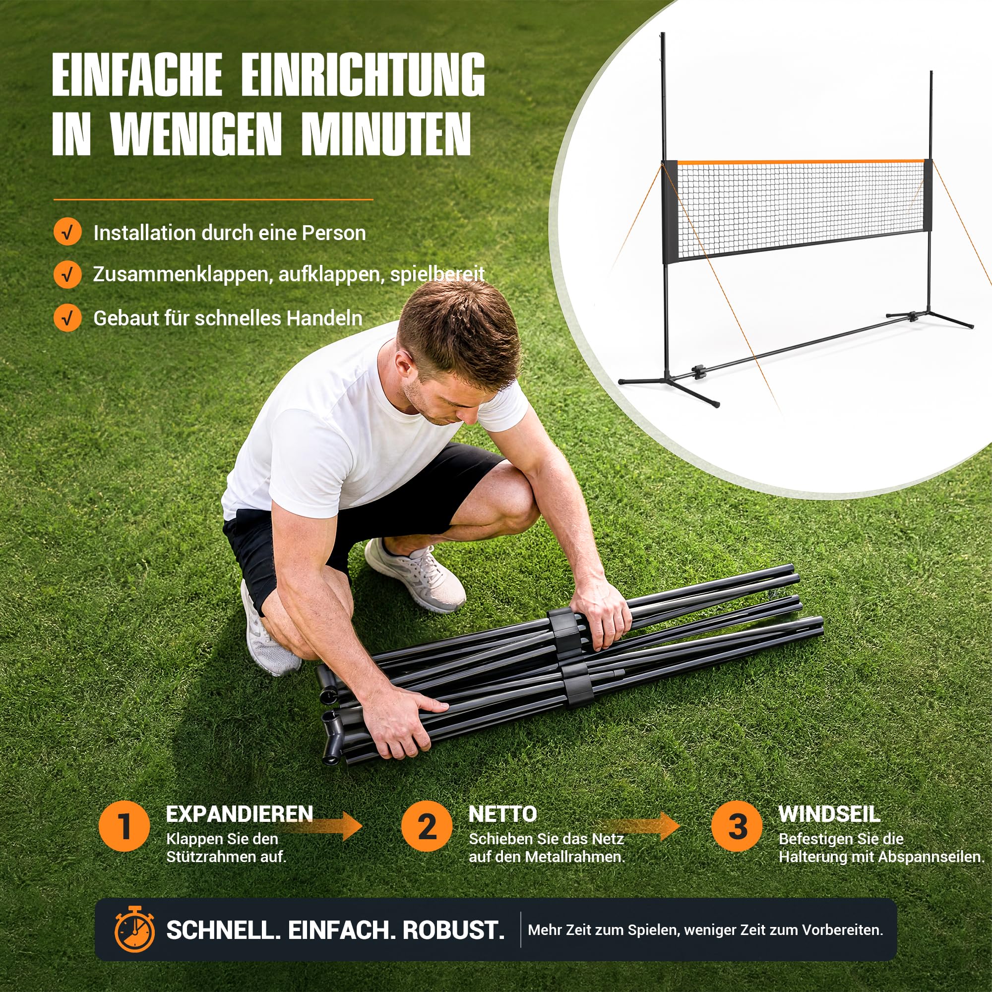 5-in-1 Sportnetz tragbar, 4m Volleyballnetz Höhenverstellbar, All-in-One Badmintonnetz, Tennisnetz, Pickleball Netz für Garten, Outdoor & Strand, inklusive Erdnägeln & Tasche