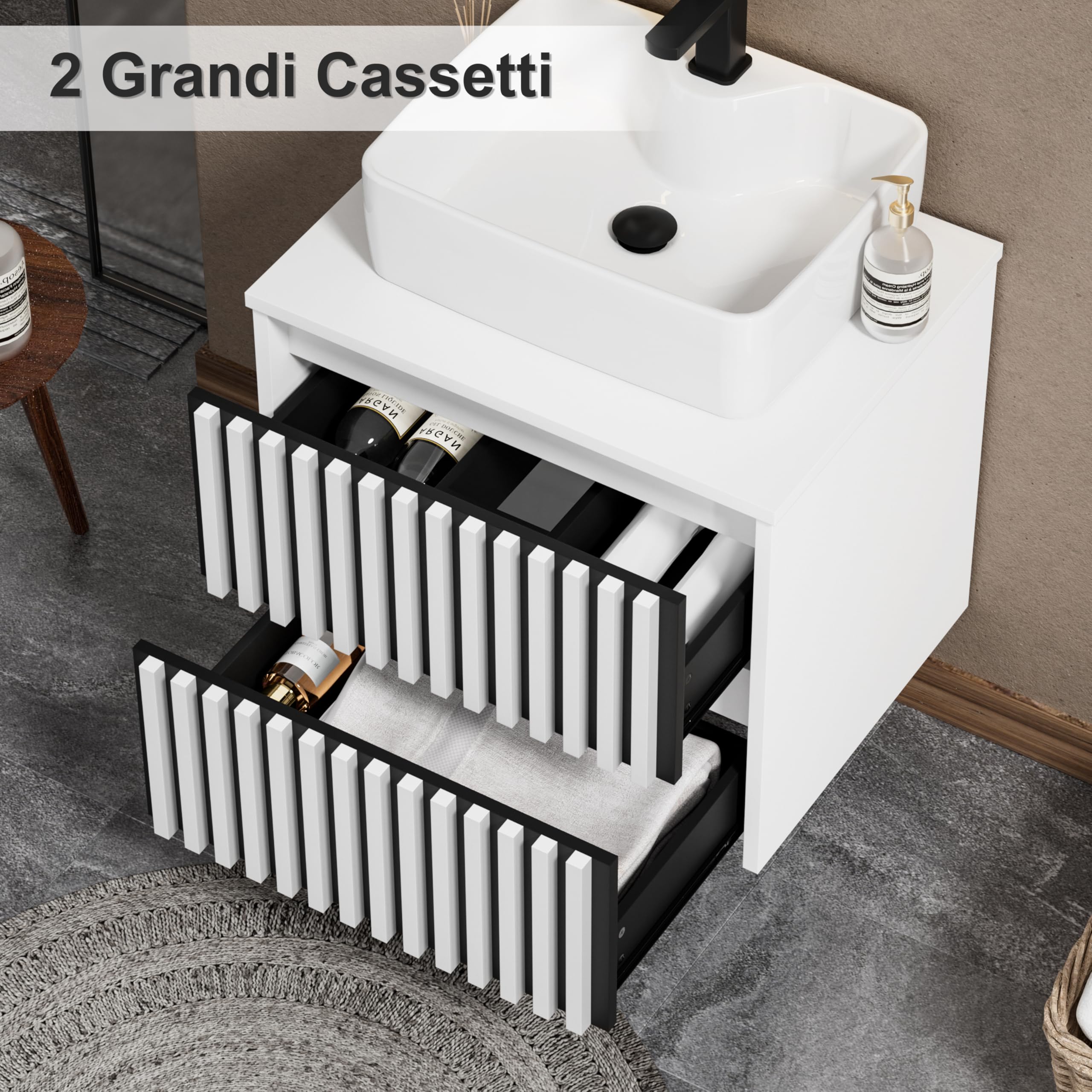 UEV Mobiletto Bagno 60CM con Lavabo in Ceramica, Mobile Bagno Sospeso Combina Eleganza e Funzionalità, Lavandino con Mobiletto da Parete, Bianco+Nero