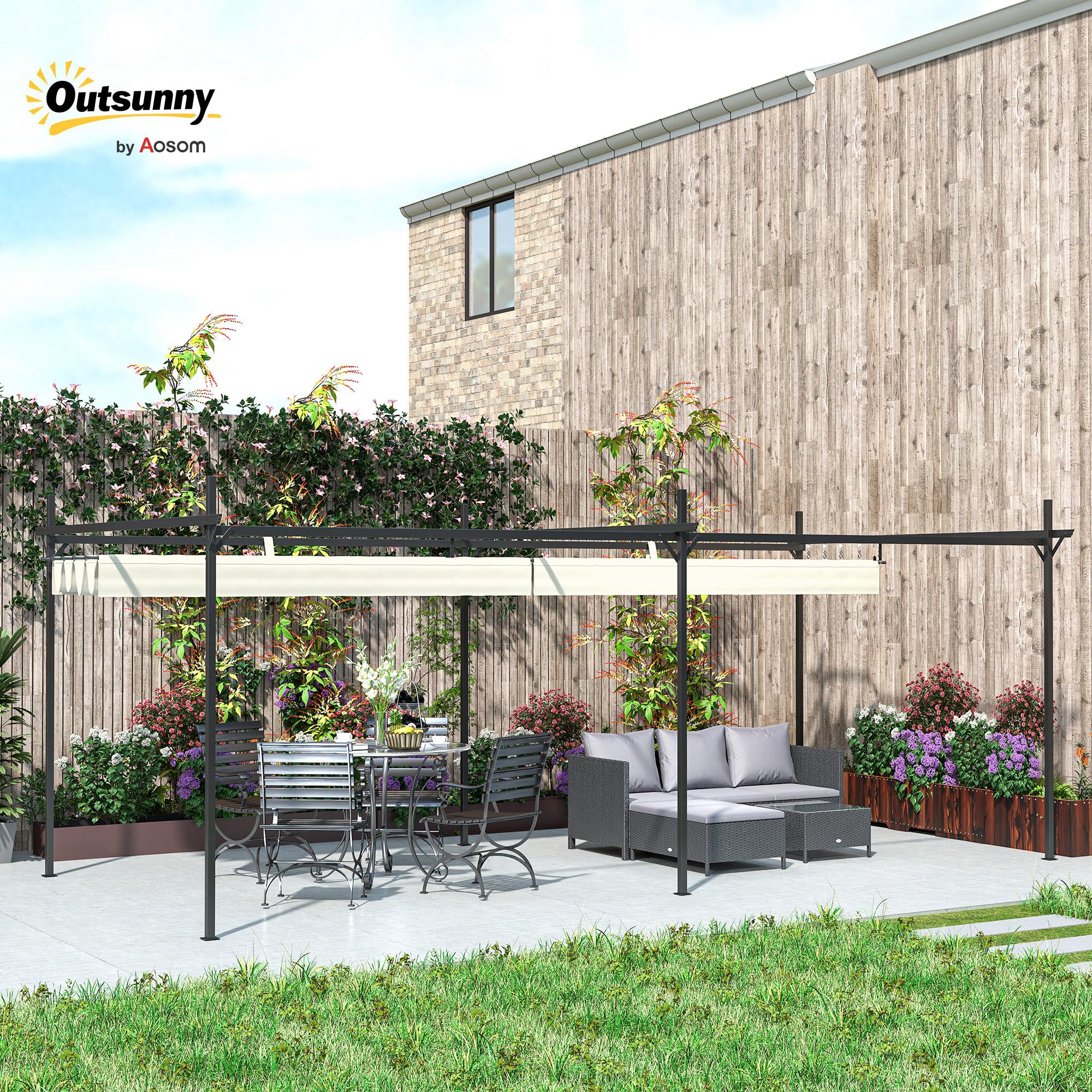 Outsunny Pérgola de Jardín 6x3 m con Techo Retráctil, Cenador de Jardín con UPF30+, Estructura Metálica, Tela de Poliéster, Pabellón para Exterior, Terraza, Crema