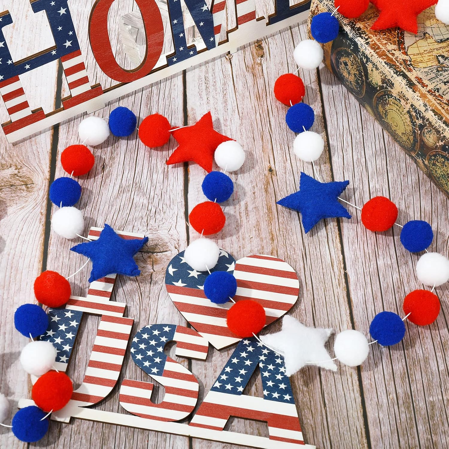 Whaline Patriotic Felt Banner 4th of July Hanging Garland Independence Day Pom Ball Banner Red Blue White American Star Bunting Ornament for Memorial Day Home Wall Party Supplies, 8.2Ft