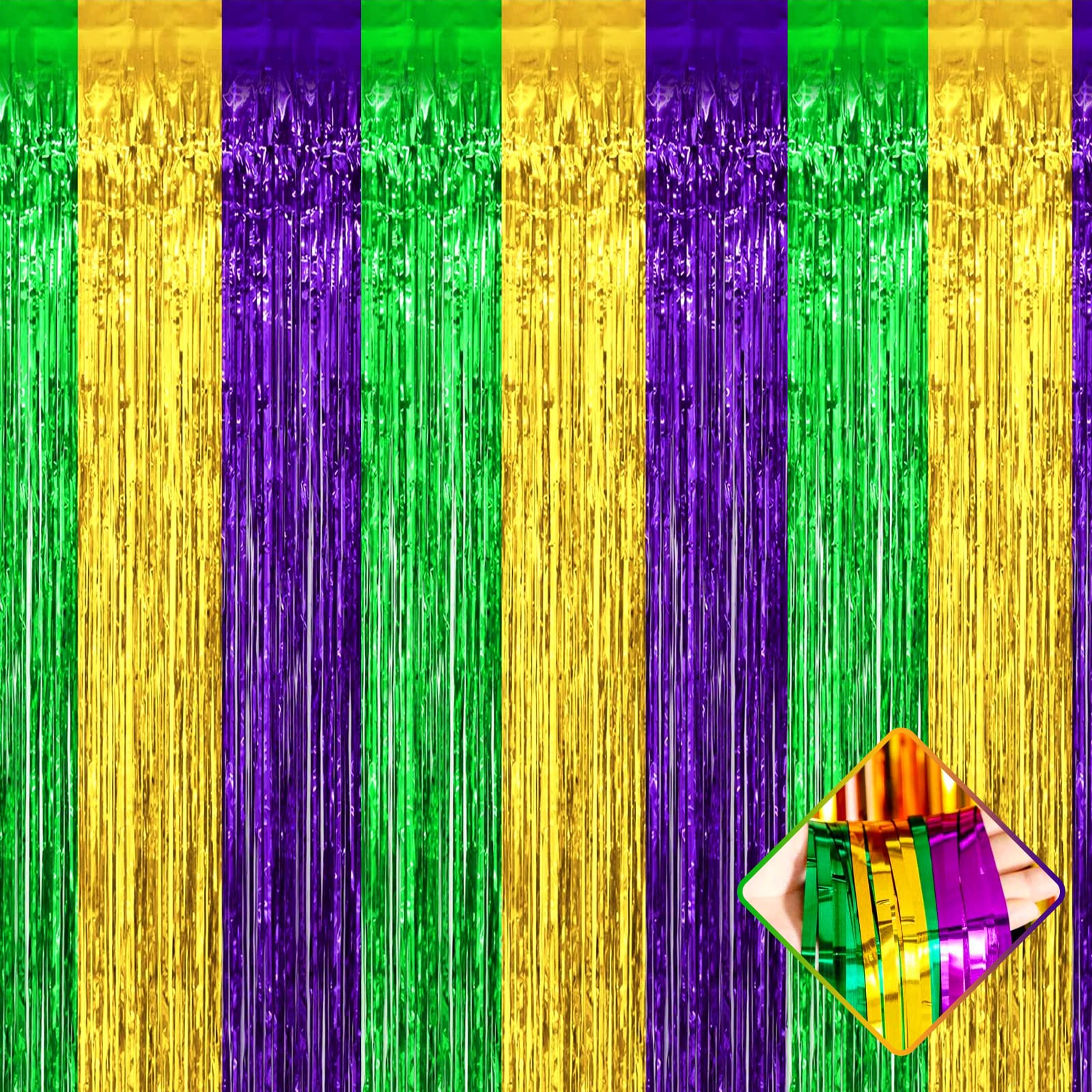4 Pack 3.2Ft x 6.6Ft Mardi Gras Foil Fringe Curtain Backdrop, Gold Green Purple Metallic Tinsel Foil Fringe Streamers Curtains Background for Photo Booth, Birthday, Wedding, Carnival Party Decoration