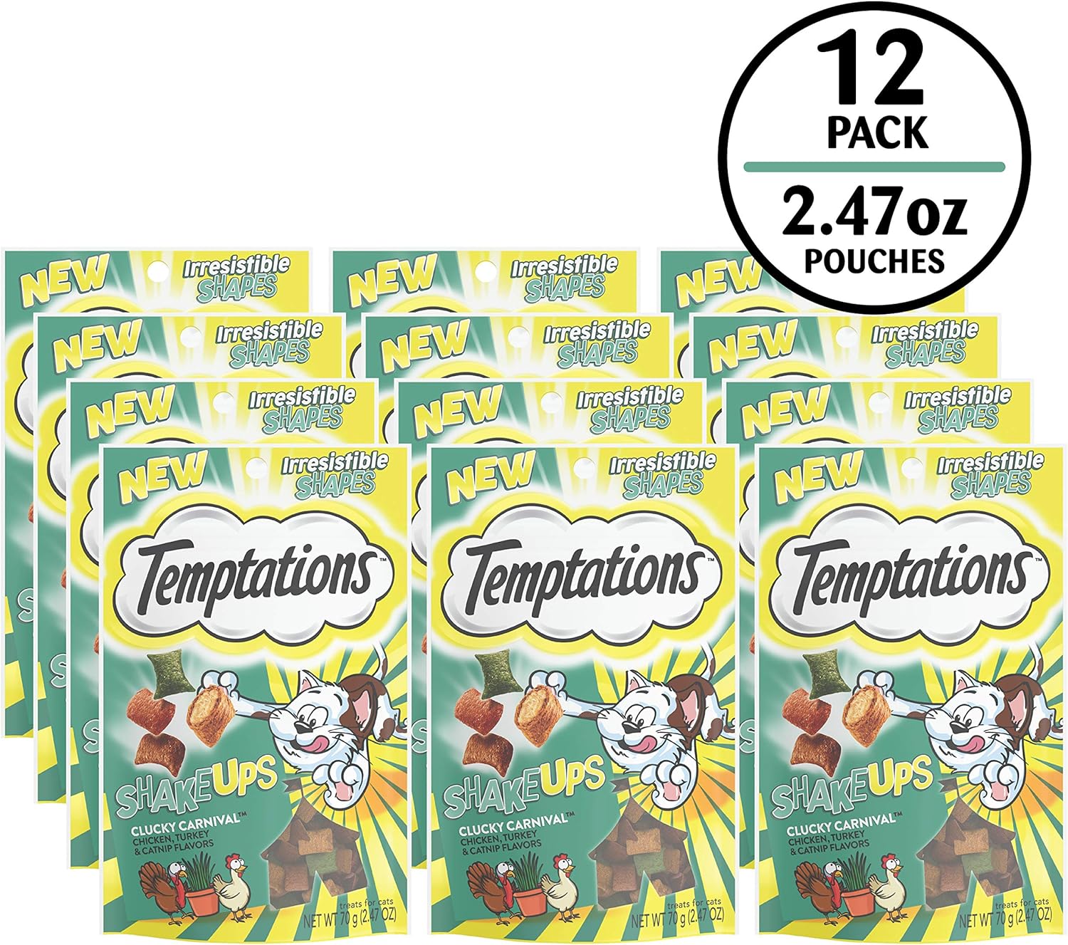 Temptations Cat Treat ShakeUps, Crunchy and Soft Cat Treats, Clucky Carnival, 2.47 oz. Pouches (Pack of 12)