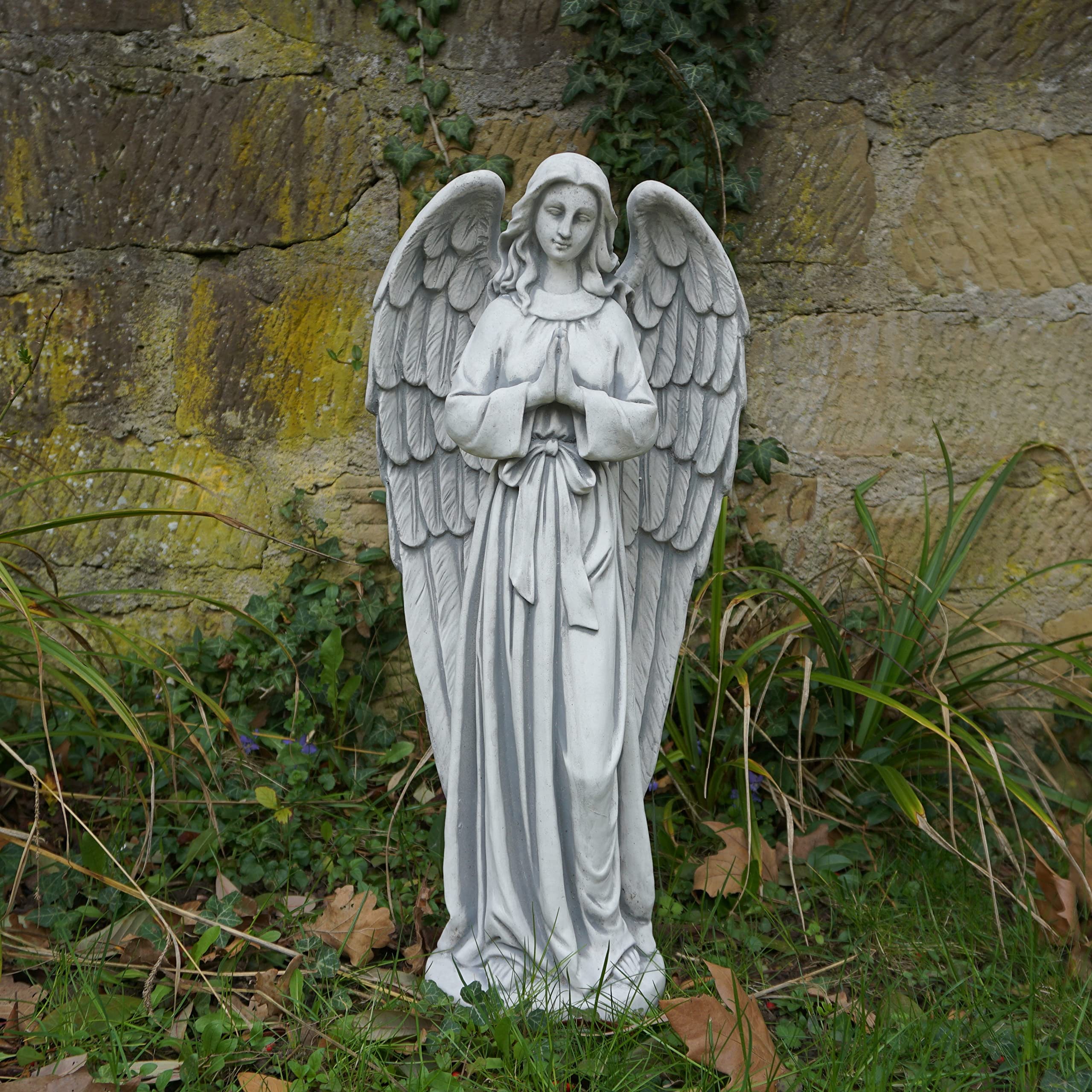 gartendekoparadies.de Engel mit Flügeln, Steinfigur H. 59 cm, 15 kg, Grau, frostsicher aus Steinguss für Außenbereich