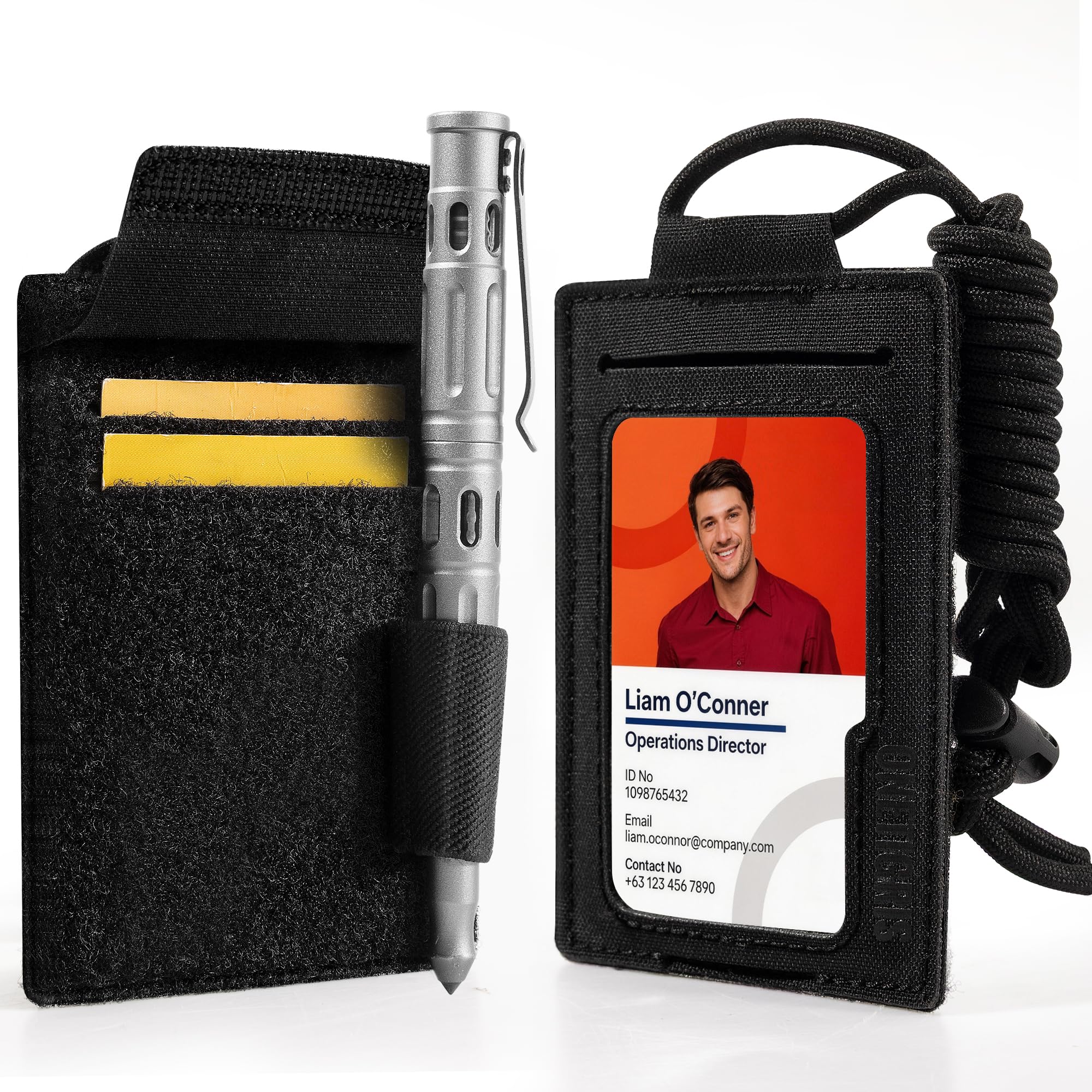 RFID Blocking ID Badge Holder, Double-Sided with Clear Front Window & Secure Hook-and-Loop Back Slots, Lightweight 500D Nylon Neck Lanyard & Pen Loop for Office, Security Duty,EDC (Black)