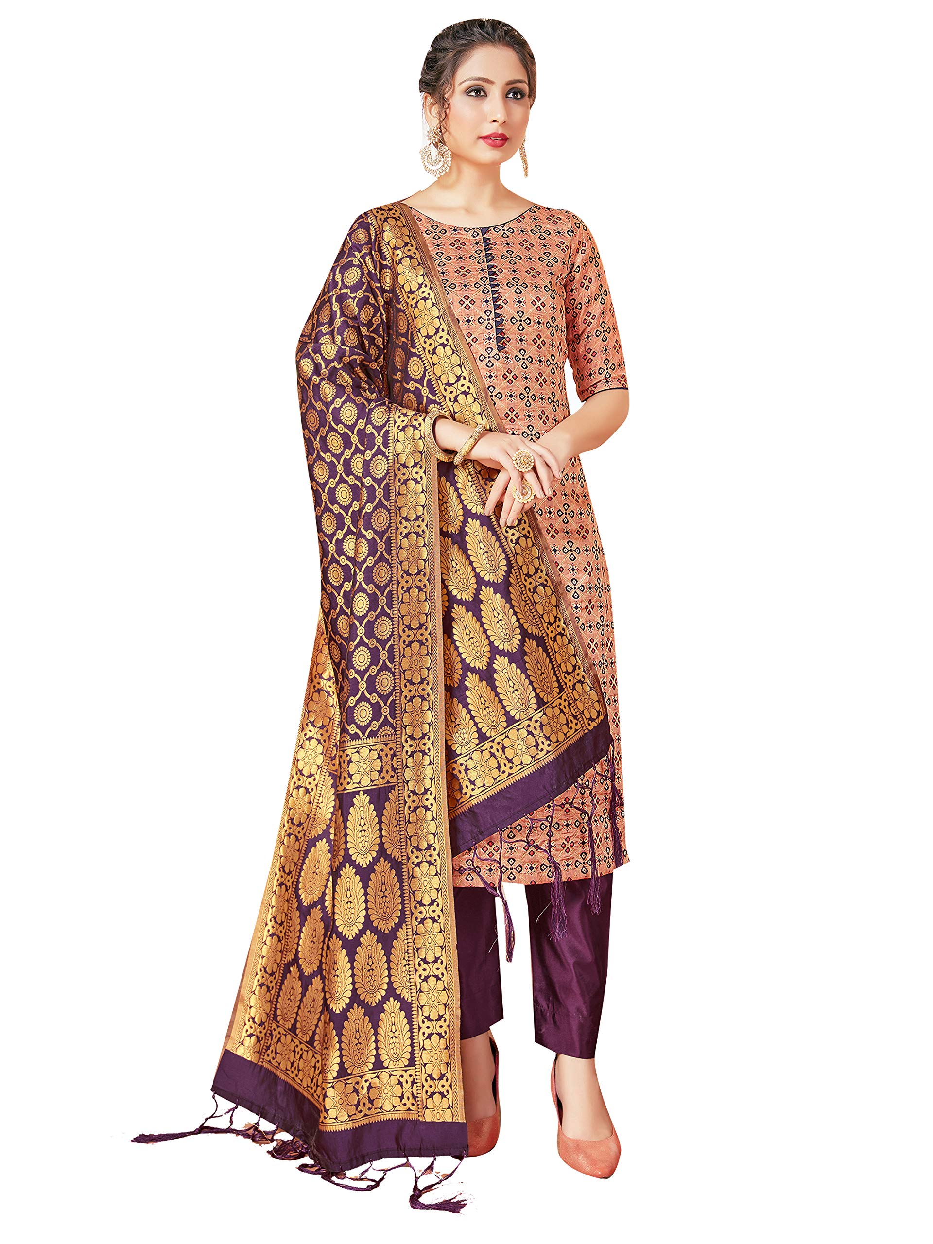 Women's Banarasi Art Silk Salwar Kameez - Readymade Stitched Punjabi Suit With Dupatta, Cream & Pink