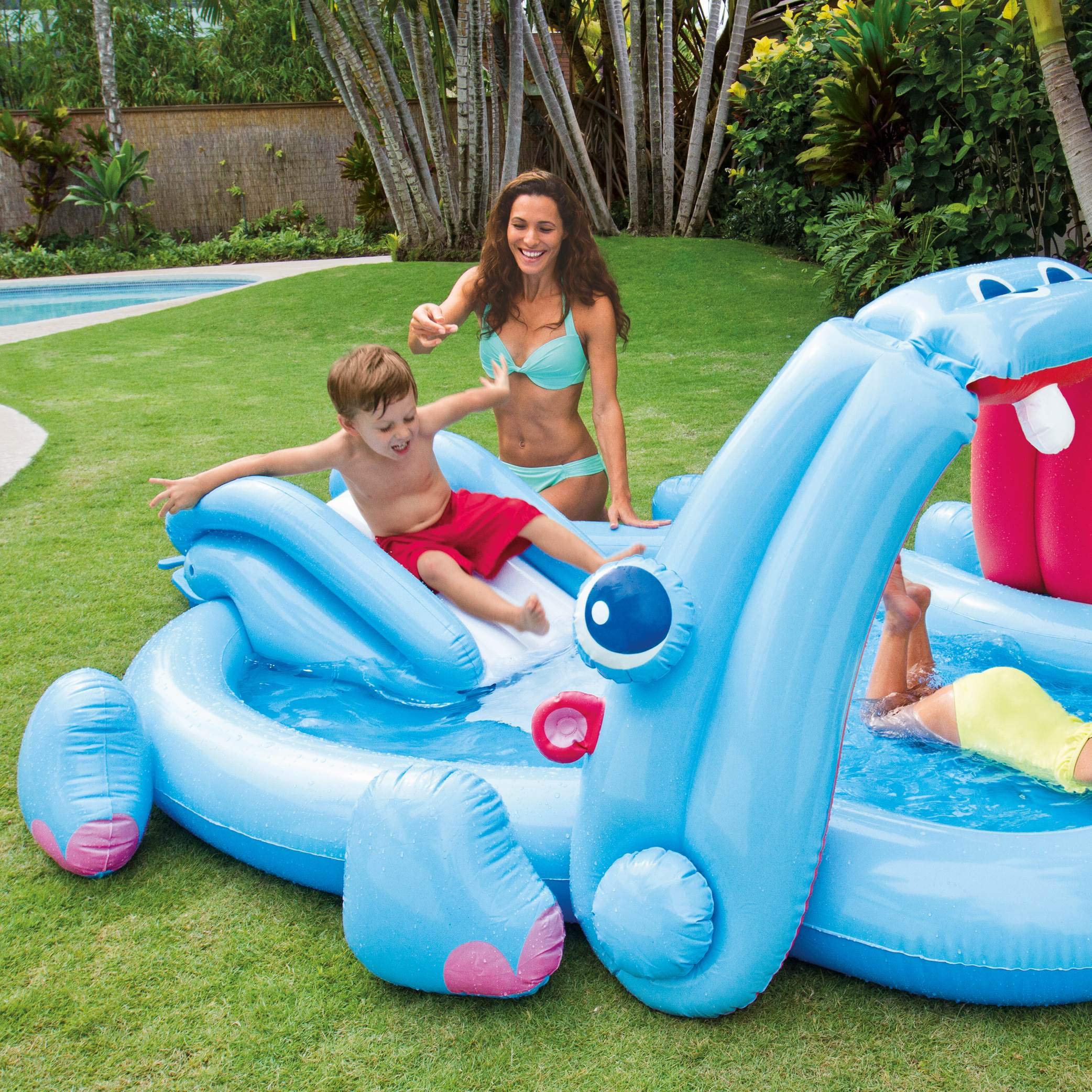 Intex Hippo Play Center with Built-in Slide for Ages 2+, 87 x 74 x 34, Blue by Intex
