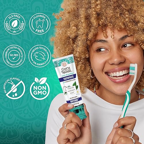 Miniatura 6 de GuruNanda Pasta de dientes hidroxiapatita, sin SLS ni flúor, pasta dental blanqueadora con raspador de lengua y exprimidor - Refresca el aliento,