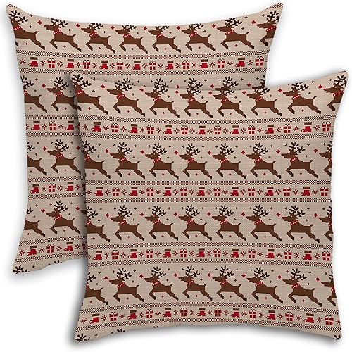 Juego de 2 fundas de almohada navideñas con estampado geométrico de renos y pinos, juego de 2 fundas de almohada de lino para sala de estar,