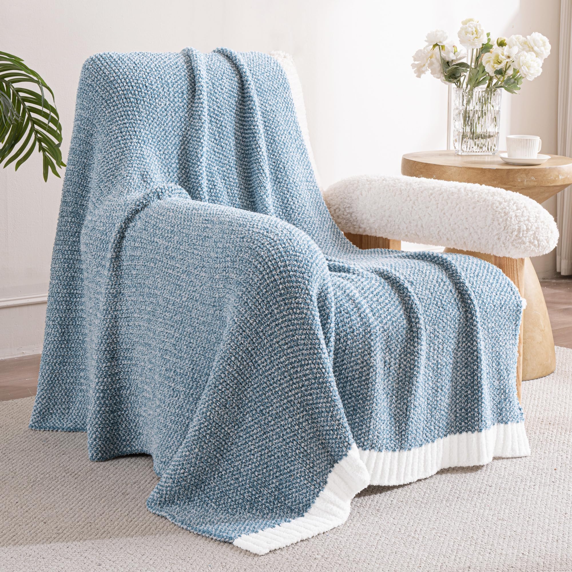 Exclusivo Mezcla Karierte Decke, Weiche Gestrickte Kuscheldecke, Kuschelige Karo Fleecedecke, Leichte Flauschige Decke für Sofa und Bett, 130x150 cm, Meliertes Steingraublau